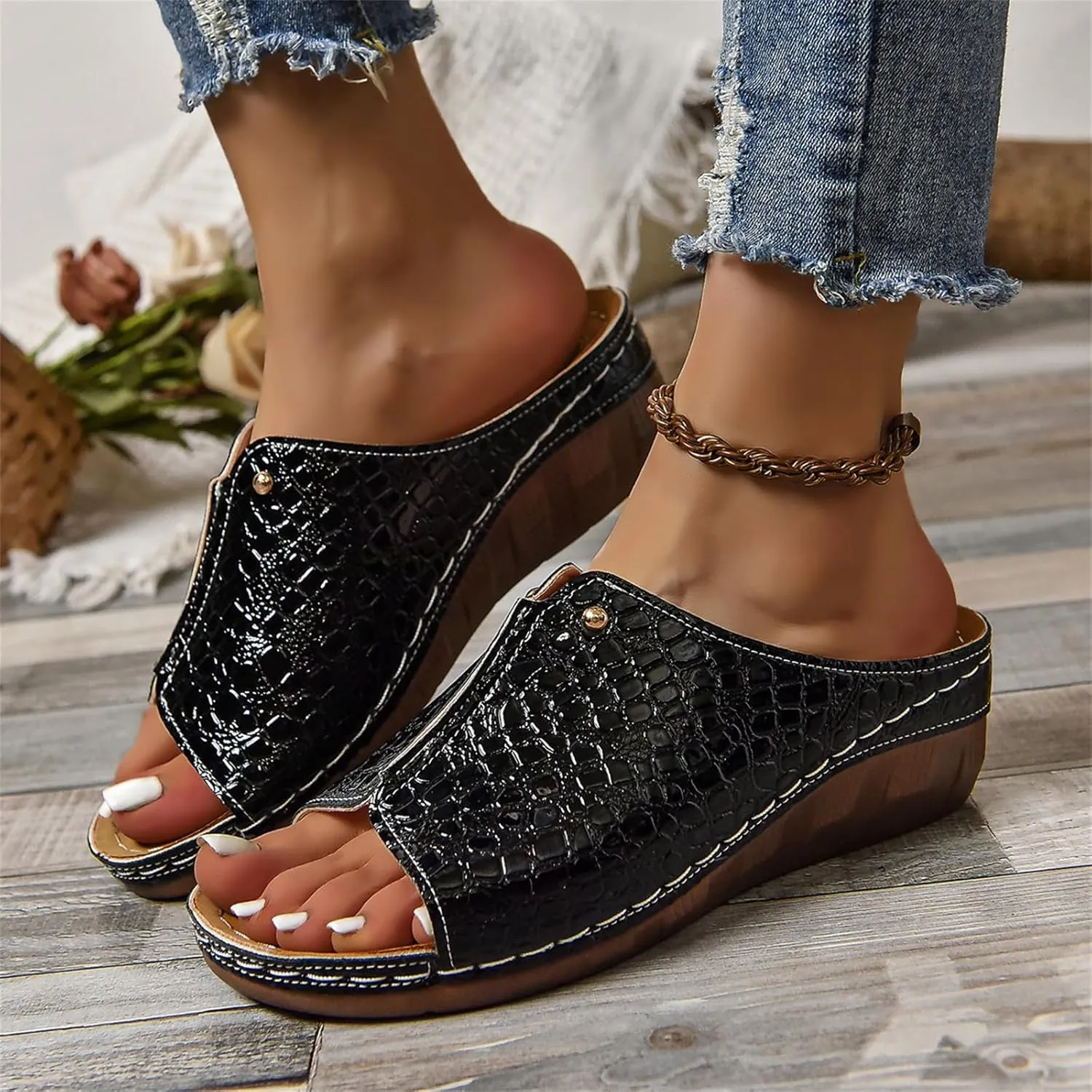 Lausiuoe Womens Wedge Sandals Comfortable Dressy Walking Orthopedic Slippers Slide Flip Flops with Arch Support for Flat Feet