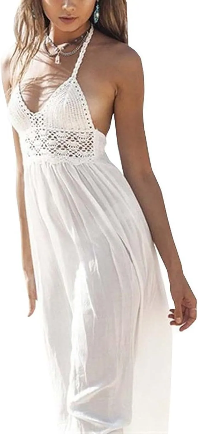 LILBETTER Women's Beach Crochet Backless Bohemian Halter Maxi Long Dress