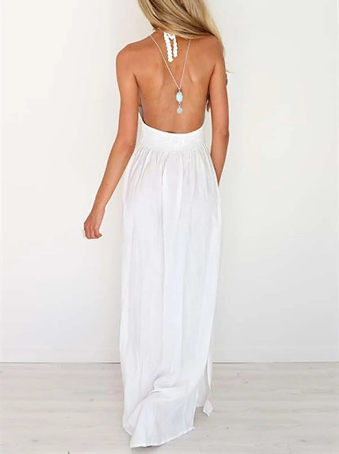 LILBETTER Women's Beach Crochet Backless Bohemian Halter Maxi Long Dress