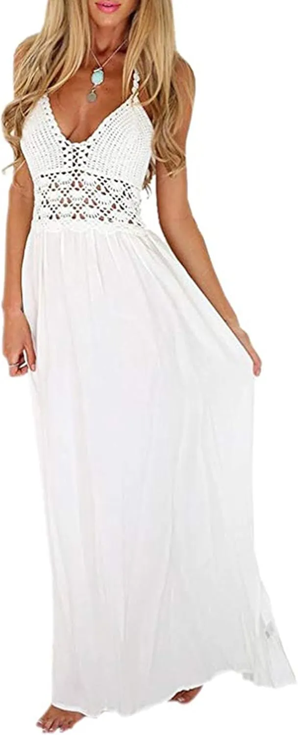 LILBETTER Women's Beach Crochet Backless Bohemian Halter Maxi Long Dress