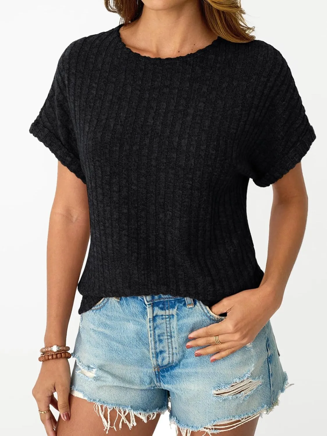 LILLUSORY Women Short Sleeve T Shirt Summer Sweater Dressy Casual Blouse Business Top Work Clothing