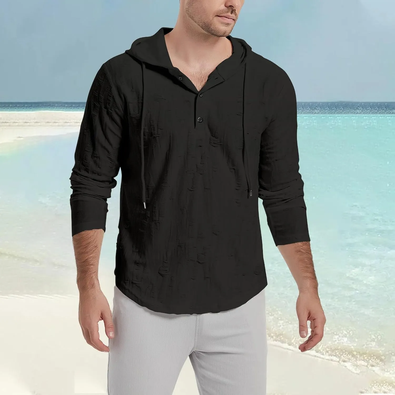 Linen Hoodies for Men Summer Lightweight Breathable Dry Fit Beach Tops Casual Long Sleeve Slim Fit Solid Sweatshirts