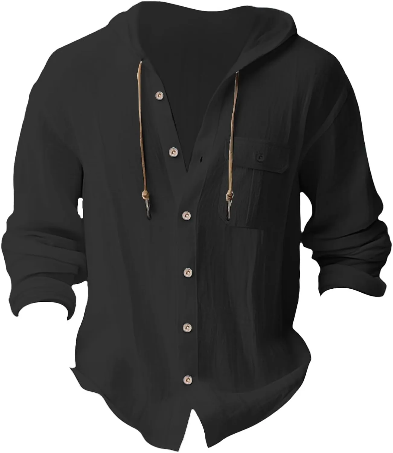 Linen Shirts for Men Casual Button Down Long Sleeve Shirt with Hood Summer Boho Beach Hoodies Loose Breathable Tee Top