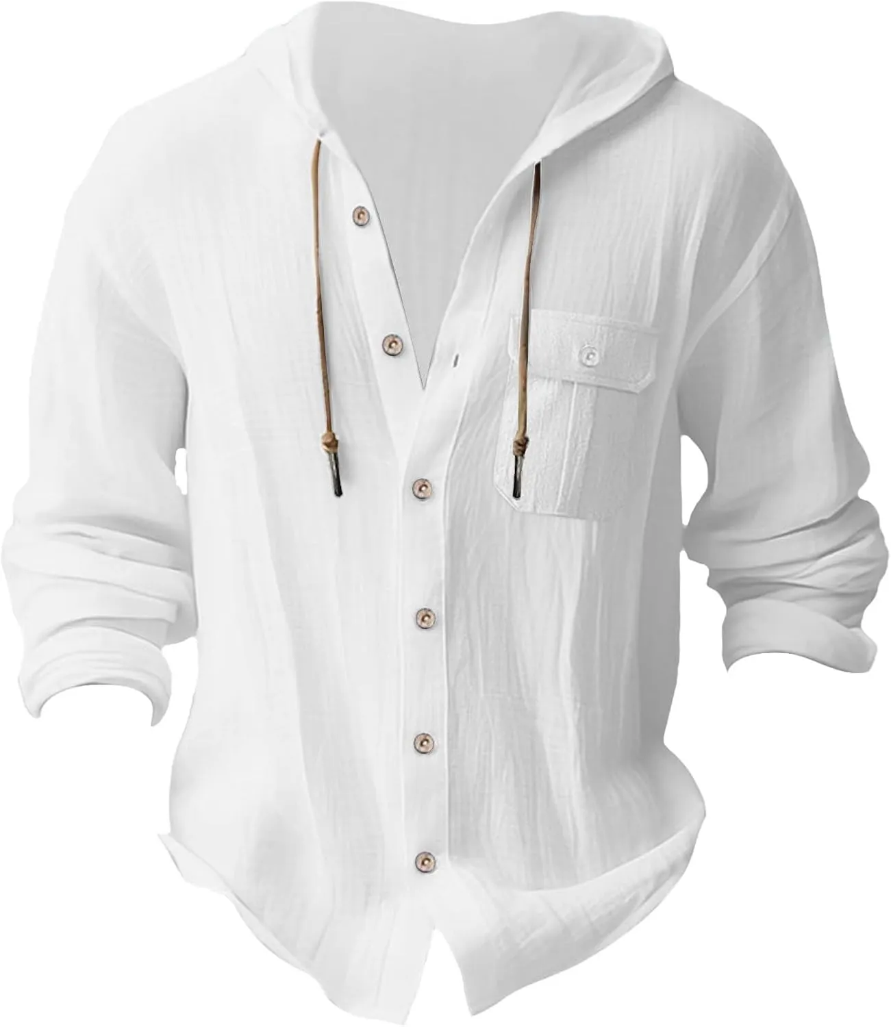 Linen Shirts for Men Casual Button Down Long Sleeve Shirt with Hood Summer Boho Beach Hoodies Loose Breathable Tee Top