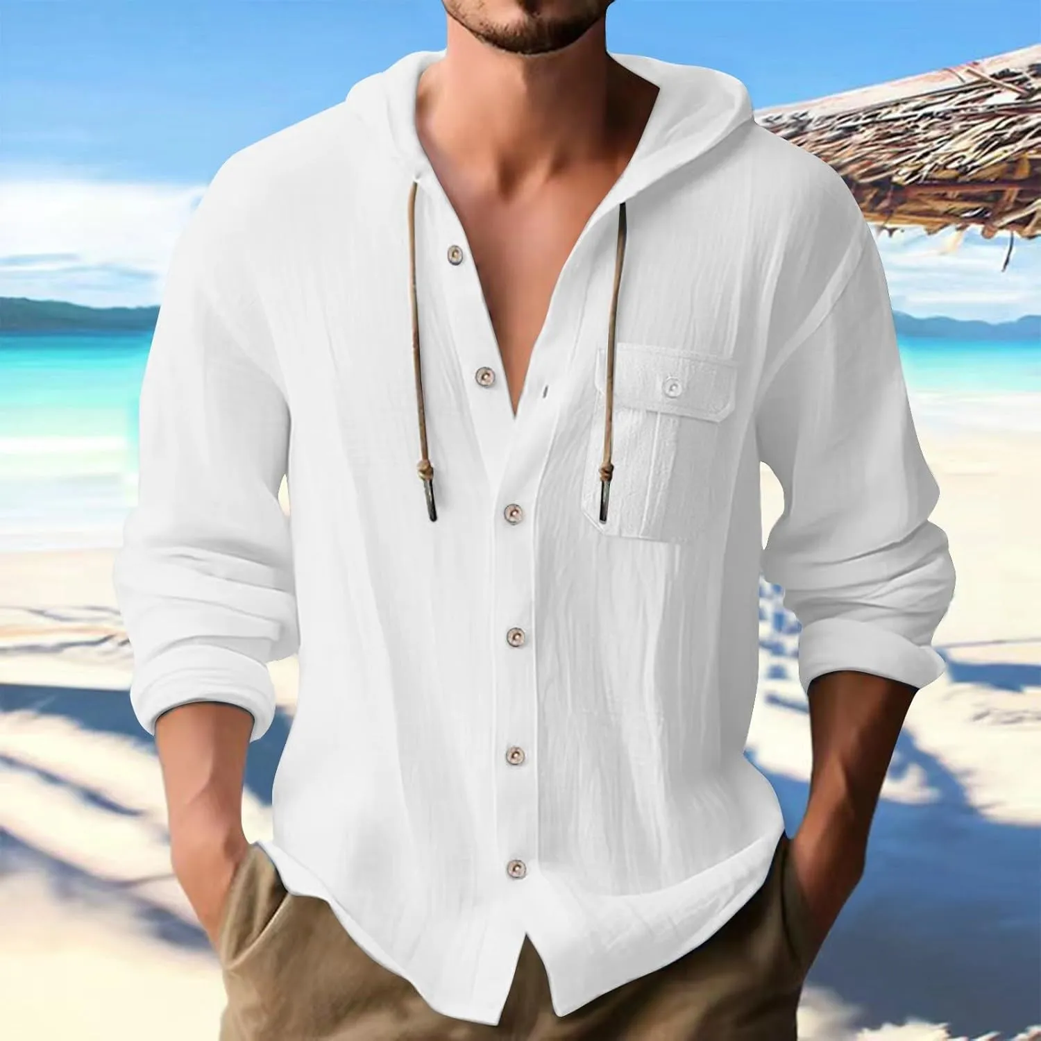 Linen Shirts for Men Casual Button Down Long Sleeve Shirt with Hood Summer Boho Beach Hoodies Loose Breathable Tee Top
