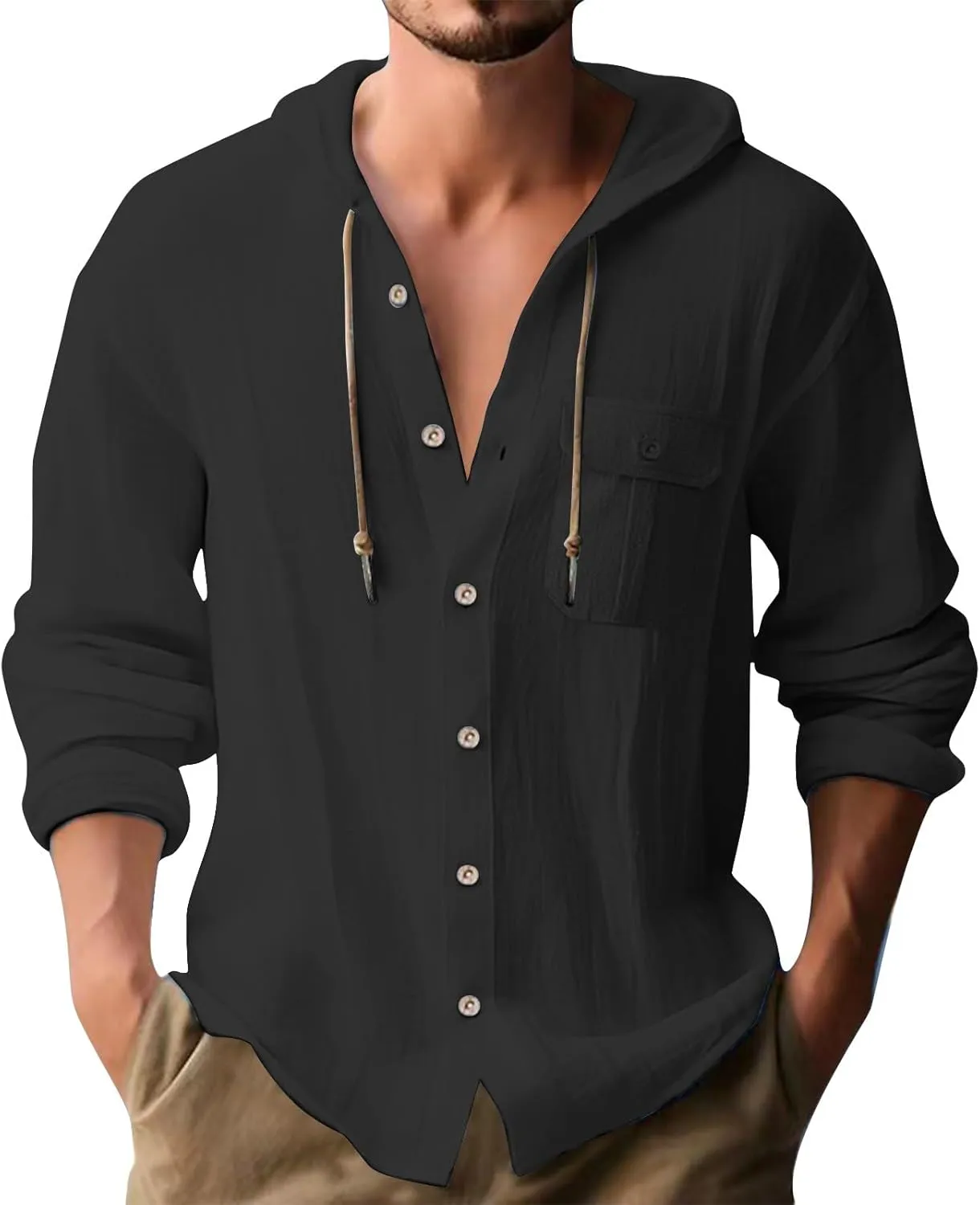 Linen Shirts for Men Casual Button Down Long Sleeve Shirt with Hood Summer Boho Beach Hoodies Loose Breathable Tee Top