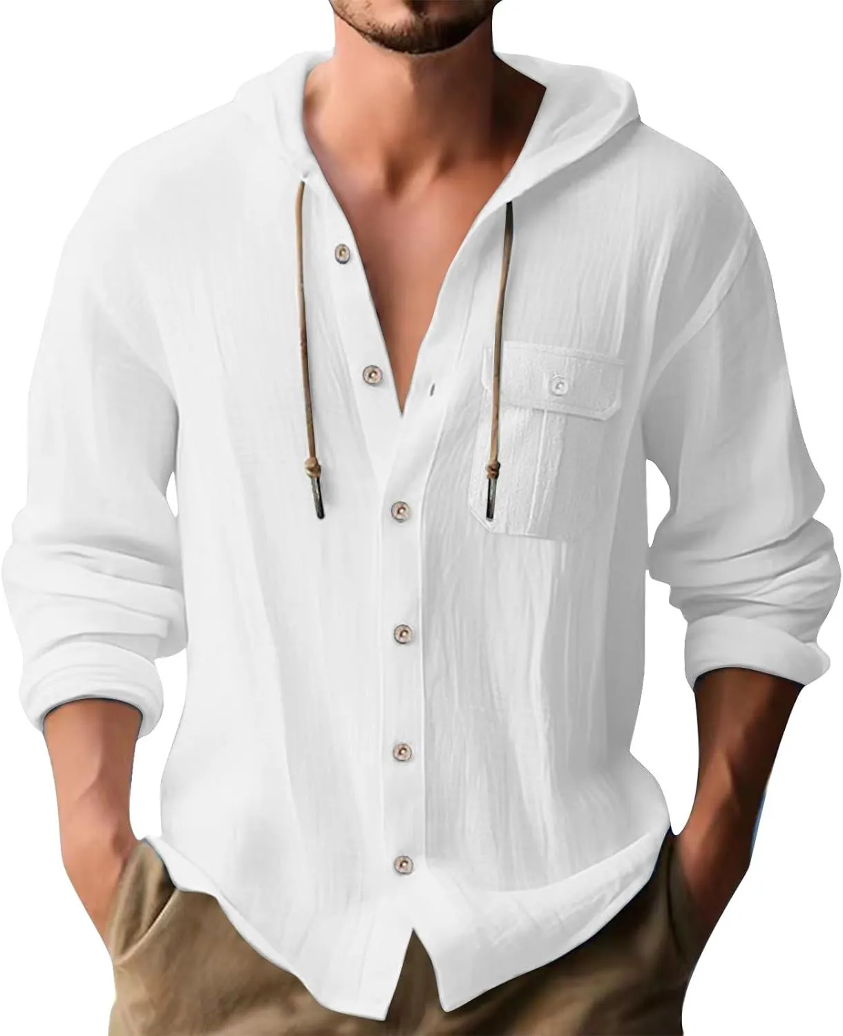 Linen Shirts for Men Casual Button Down Long Sleeve Shirt with Hood Summer Boho Beach Hoodies Loose Breathable Tee Top