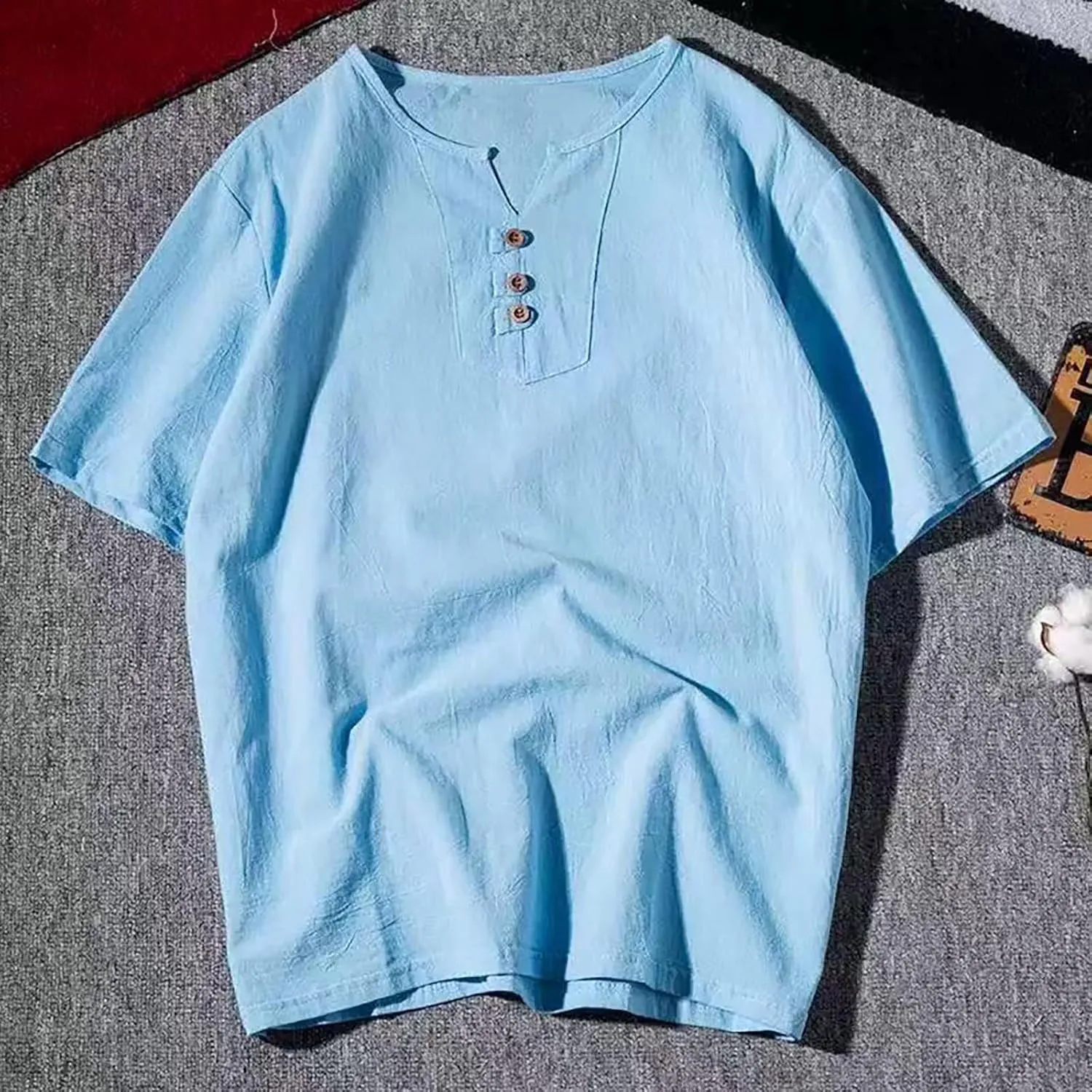 Linen Shirts for Men Plus Size Loose Summer Casual T-Shirts V Neck Solid Button Henley Shirt Lightweight Beach Top