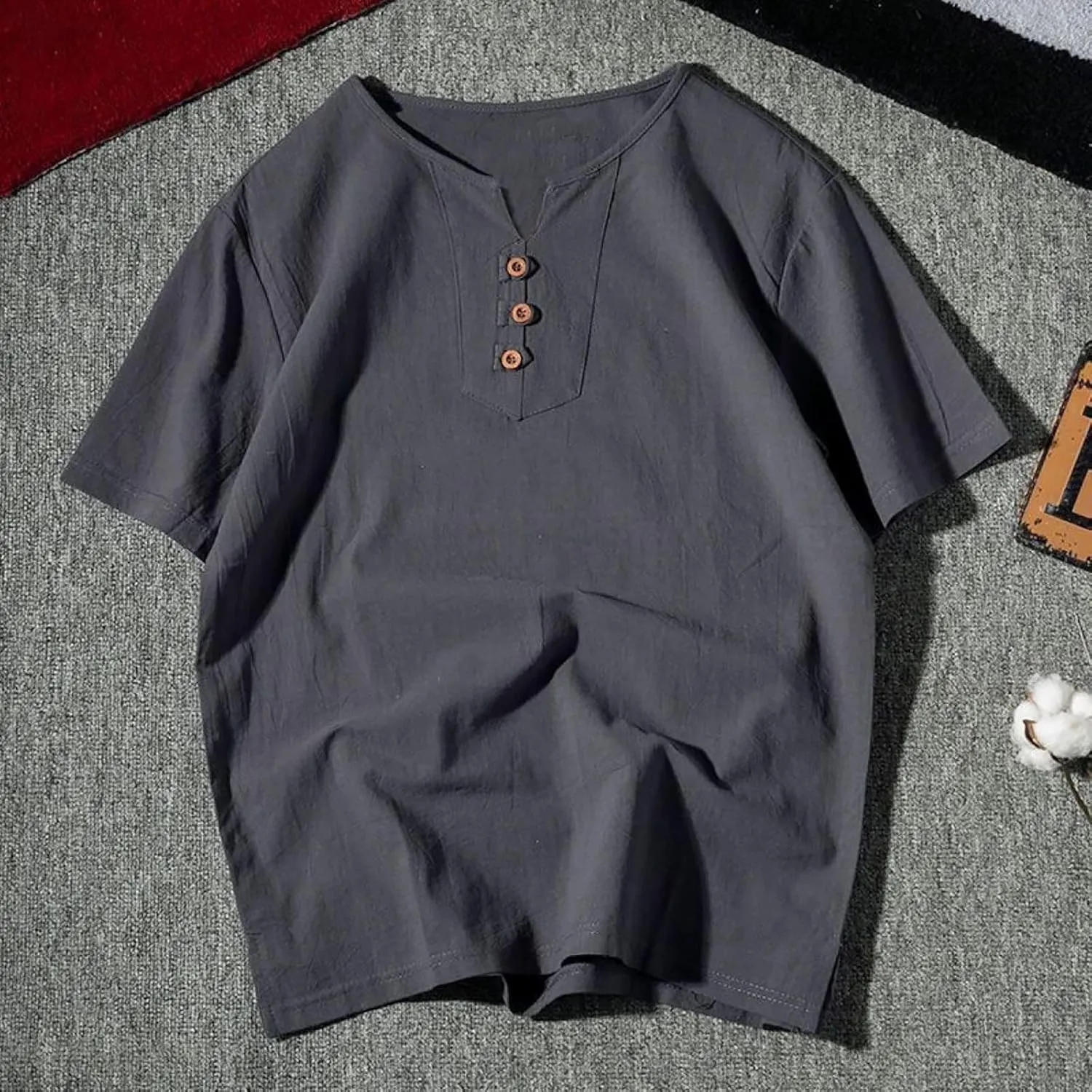 Linen Shirts for Men Plus Size Loose Summer Casual T-Shirts V Neck Solid Button Henley Shirt Lightweight Beach Top