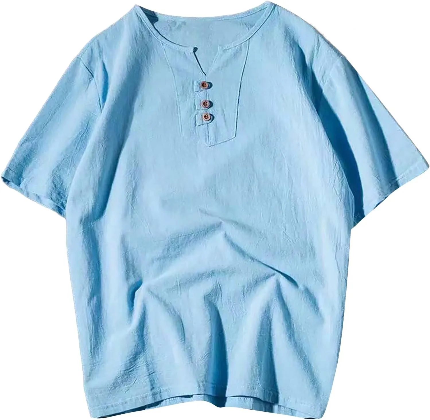 Linen Shirts for Men Plus Size Loose Summer Casual T-Shirts V Neck Solid Button Henley Shirt Lightweight Beach Top