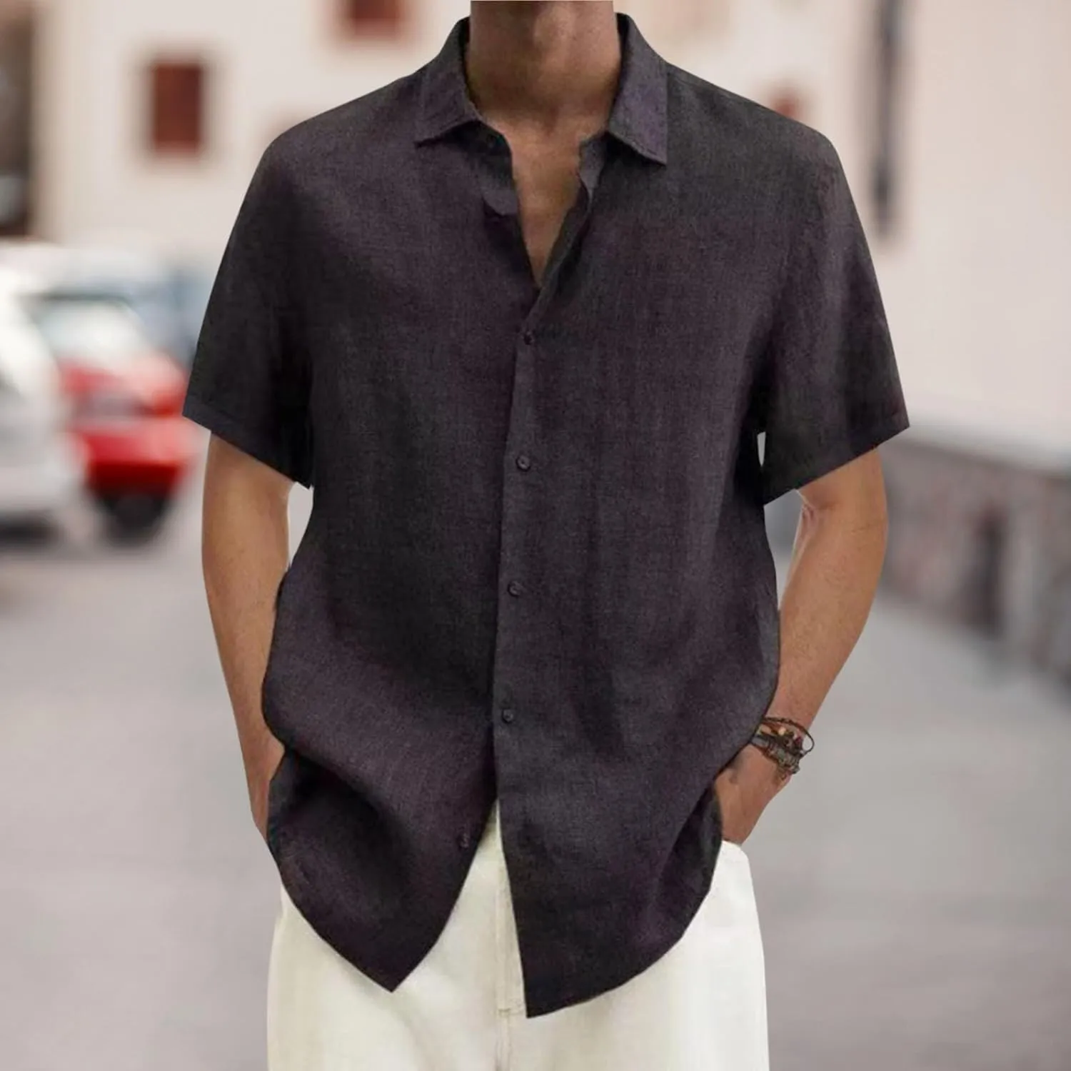 Linen Shirts for Mens Short Sleeve Button Down Summer Beach Hippie Shirt Lightweight Breathable Sun Protection Tee Top