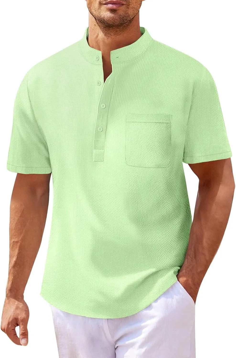 Linen Shirts Men's Novelty Short Sleeve Mock Neck Henley Shirt Casual Summer Baggy Cotton Basic Tee Top with Pocket
