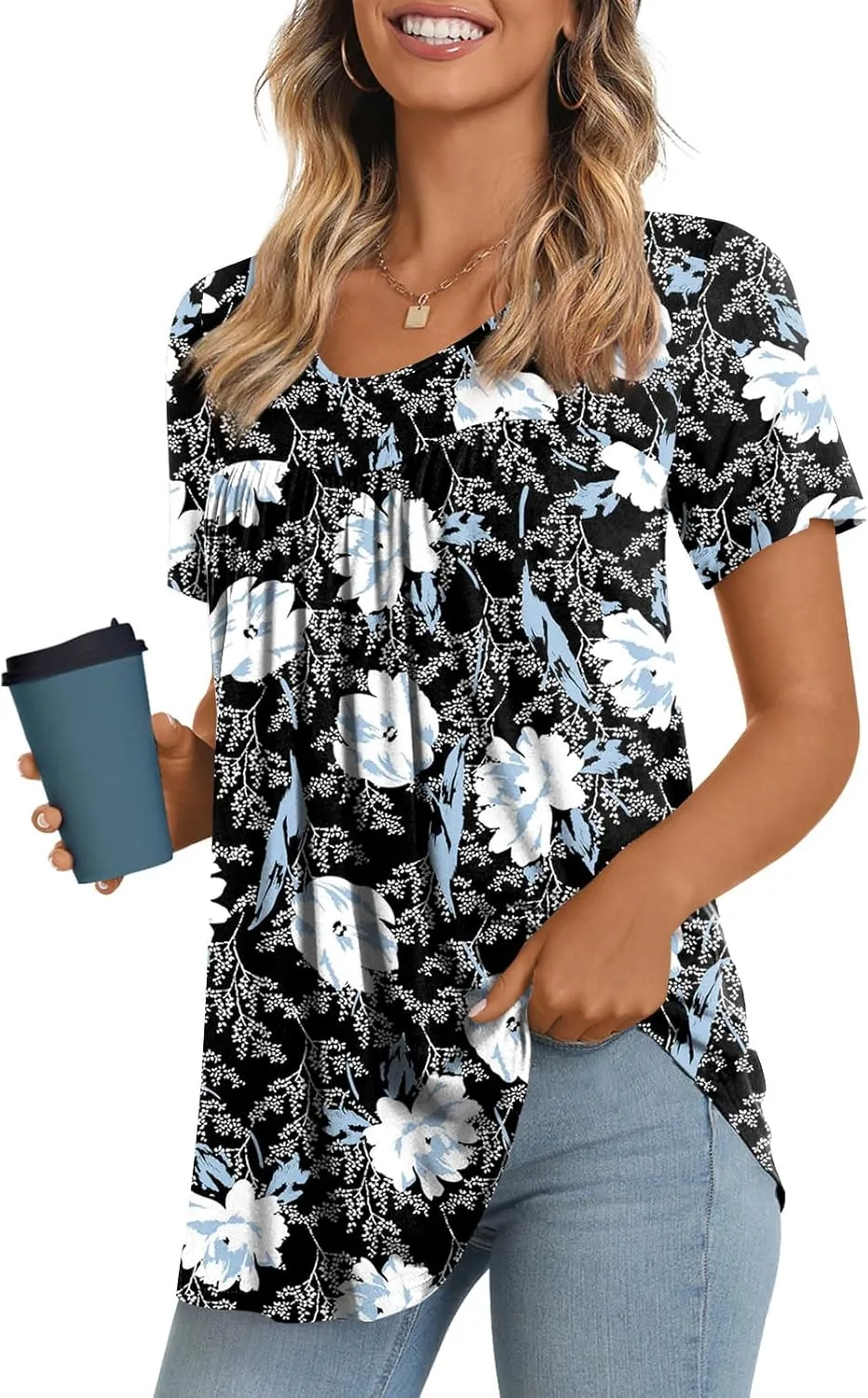 LONGYUAN Womens Tunic Tops 2025 Short Sleeve Shirts Summer Casual Tee Comfy Blouses S-4XL