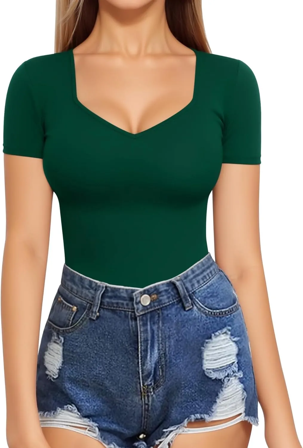 MANGOPOP Women's T Shirt Sweetheart V Neck Long Sleeve Short Sleeve Basic Tight Tops Tee