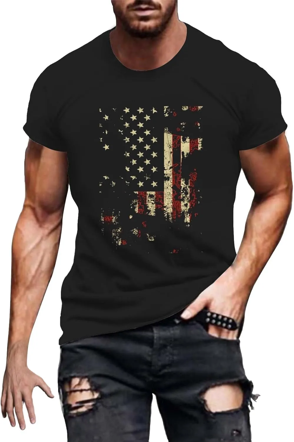 Mens American Flag Shirt Retro USA Patriotic 4th of July T-Shirts Casual Crewneck Short Sleeve Star Stripes Tee Shirts