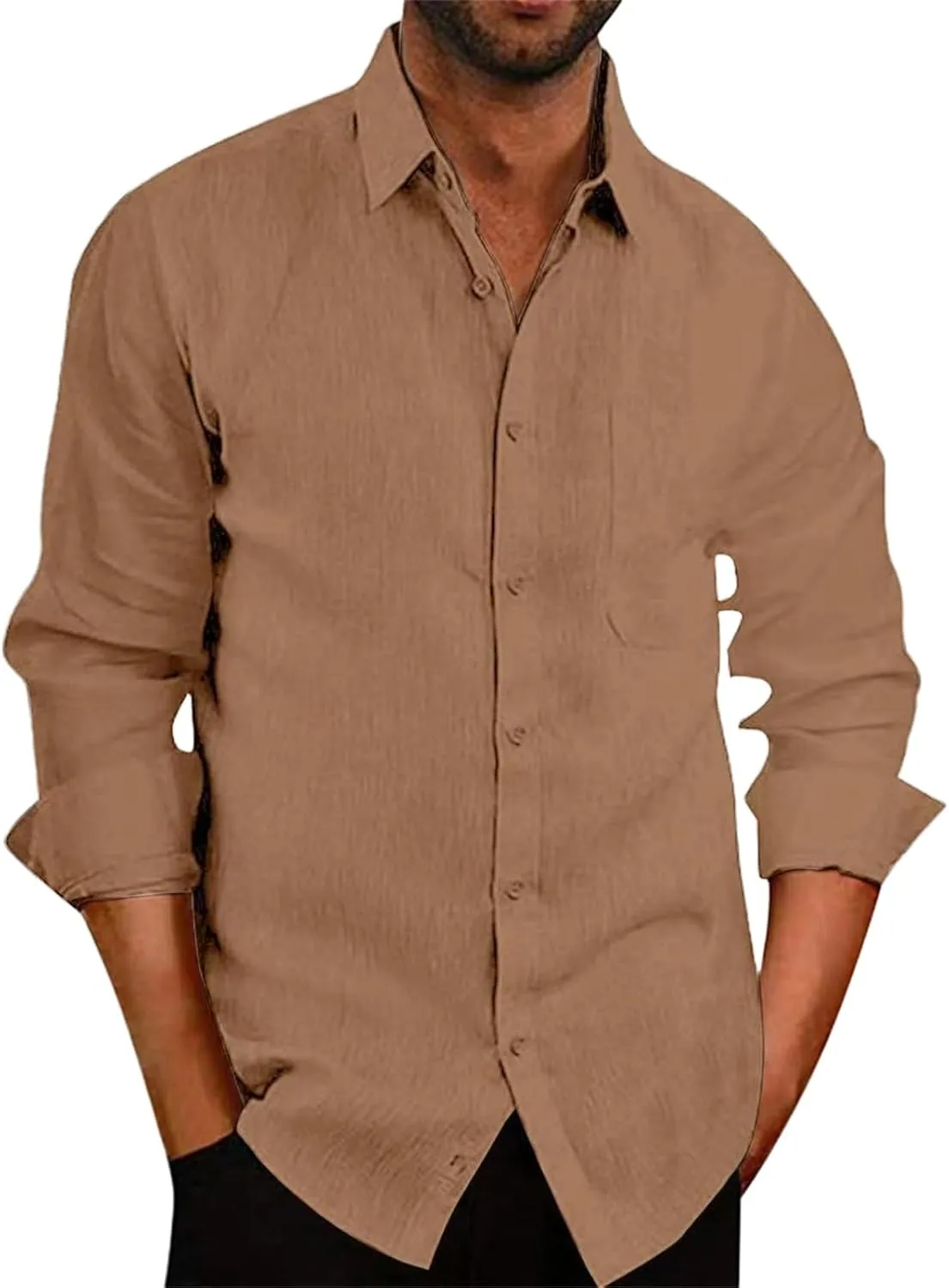 Mens Button Down Shirts Long Sleeve Linen Casual Breathable Muscle Fashion Tops Solid Summer Vacation Beach Blouses