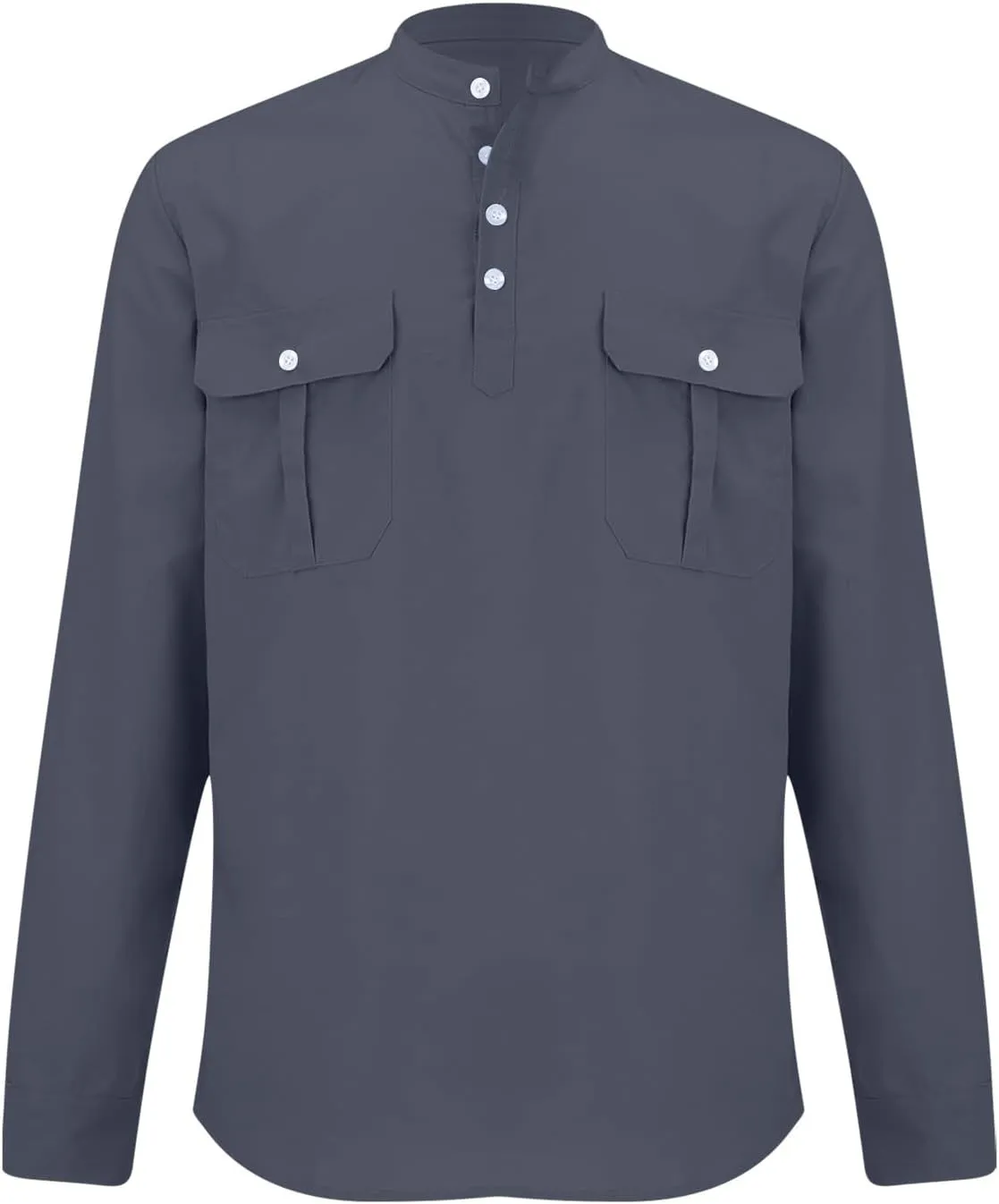Men's Cargo Henley Long Sleeve T-Shirt Western Stand Collar Cotton Casual Pullover Tee Shirts Button Collared