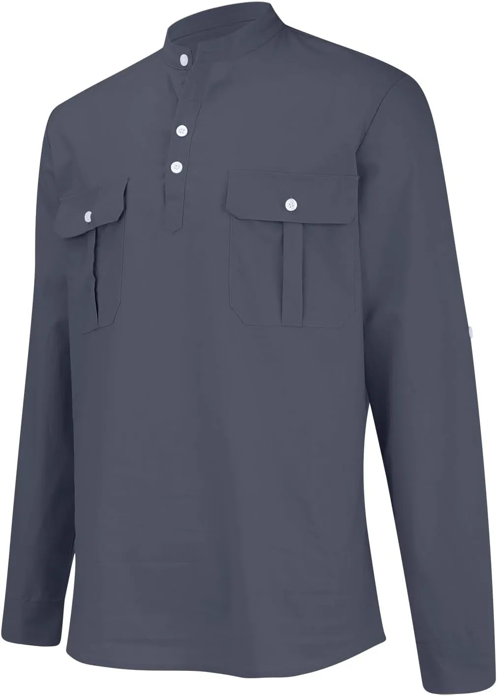 Men's Cargo Henley Long Sleeve T-Shirt Western Stand Collar Cotton Casual Pullover Tee Shirts Button Collared