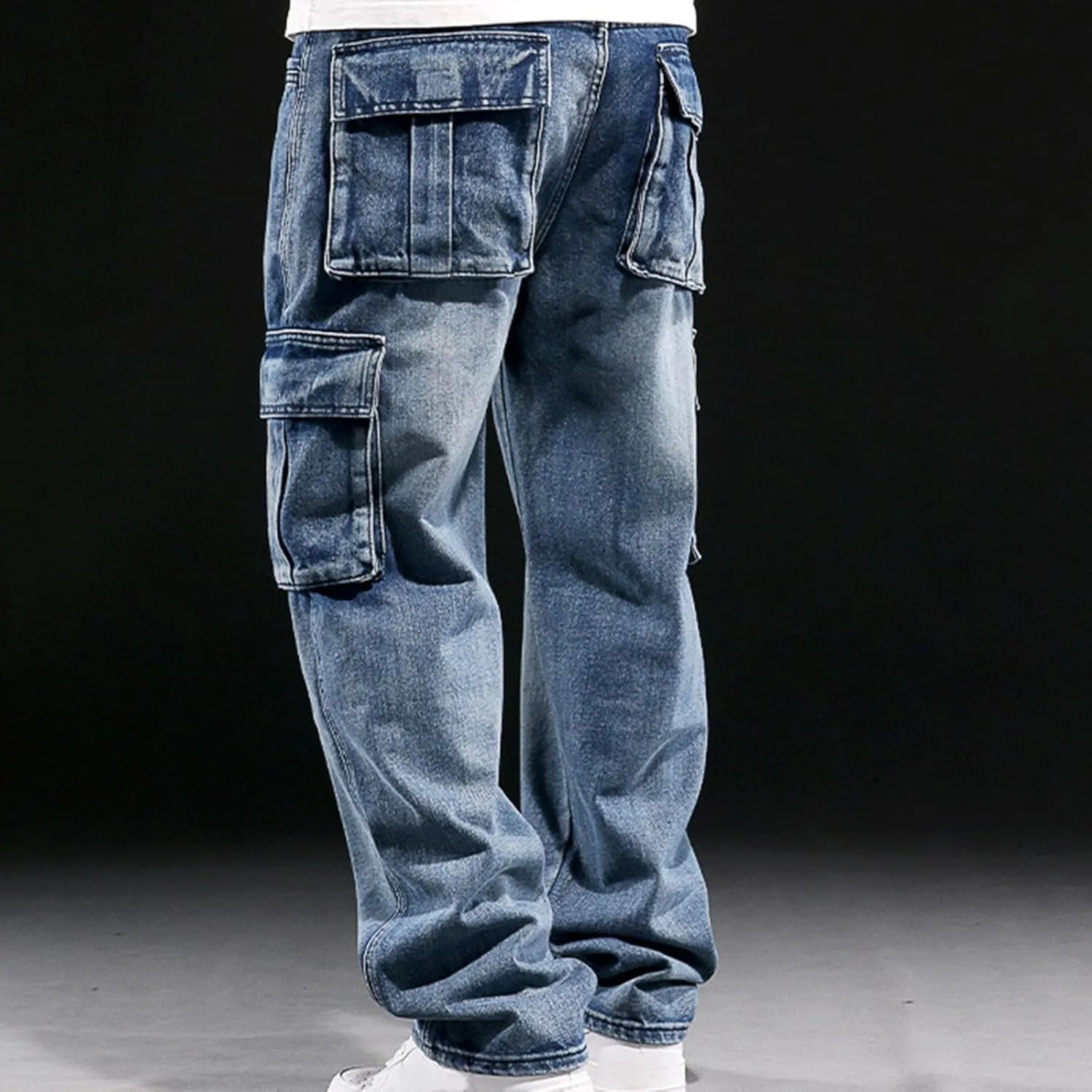Mens Cargo Jeans Relaxed Fit Denim Pants Vintage Distressed Streetwear Hip Hop Jeans with Multi Pockets