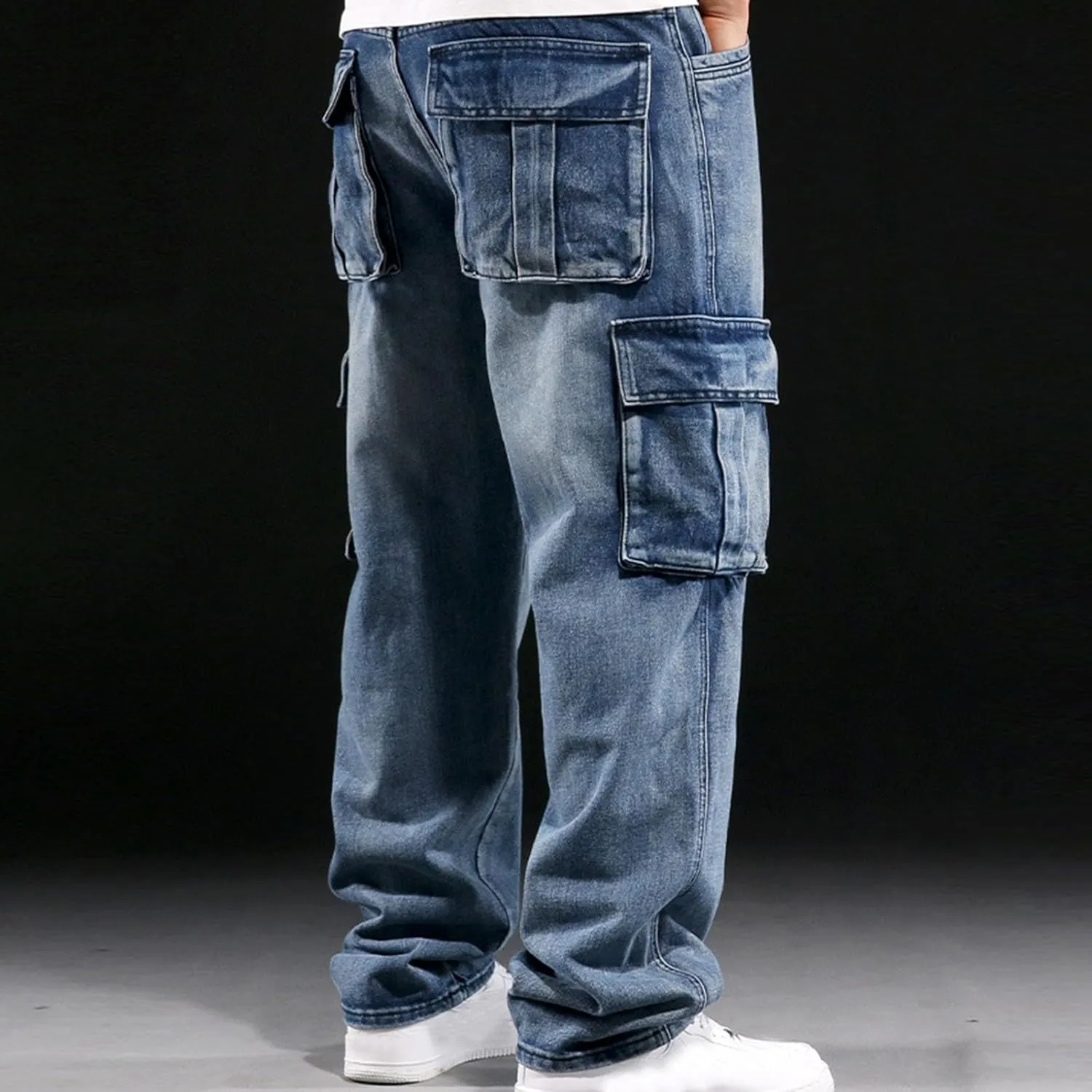 Mens Cargo Jeans Relaxed Fit Denim Pants Vintage Distressed Streetwear Hip Hop Jeans with Multi Pockets