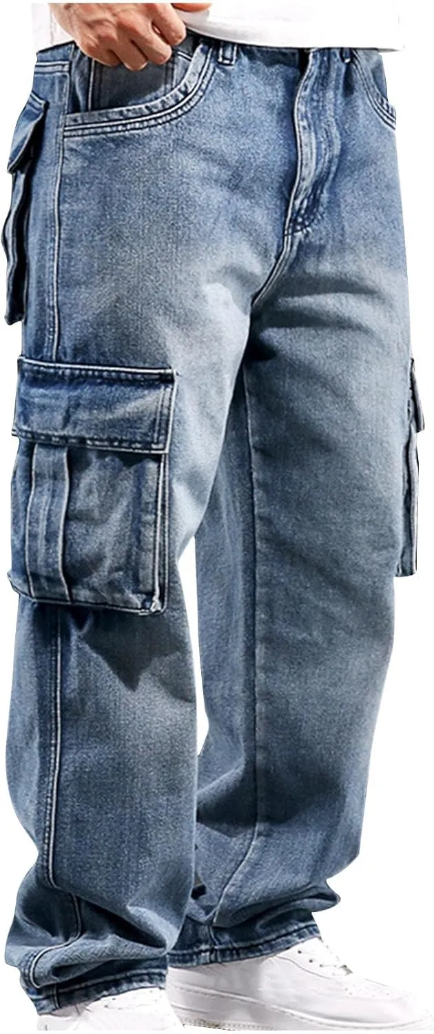 Mens Cargo Jeans Relaxed Fit Denim Pants Vintage Distressed Streetwear Hip Hop Jeans with Multi Pockets