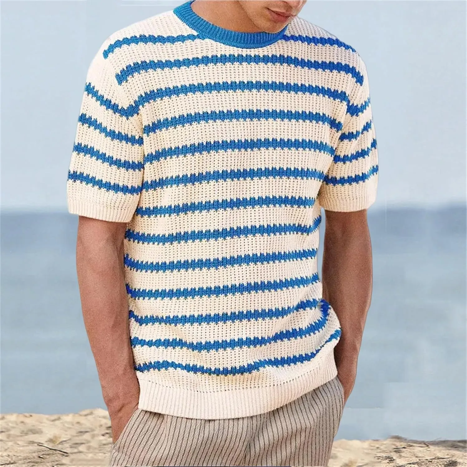 Men's Casual Classic Short Sleeve Knit Tees, Heavy Weight Crew Neck T-Shirt, Thick Cotton Blend Striped Solid Tee