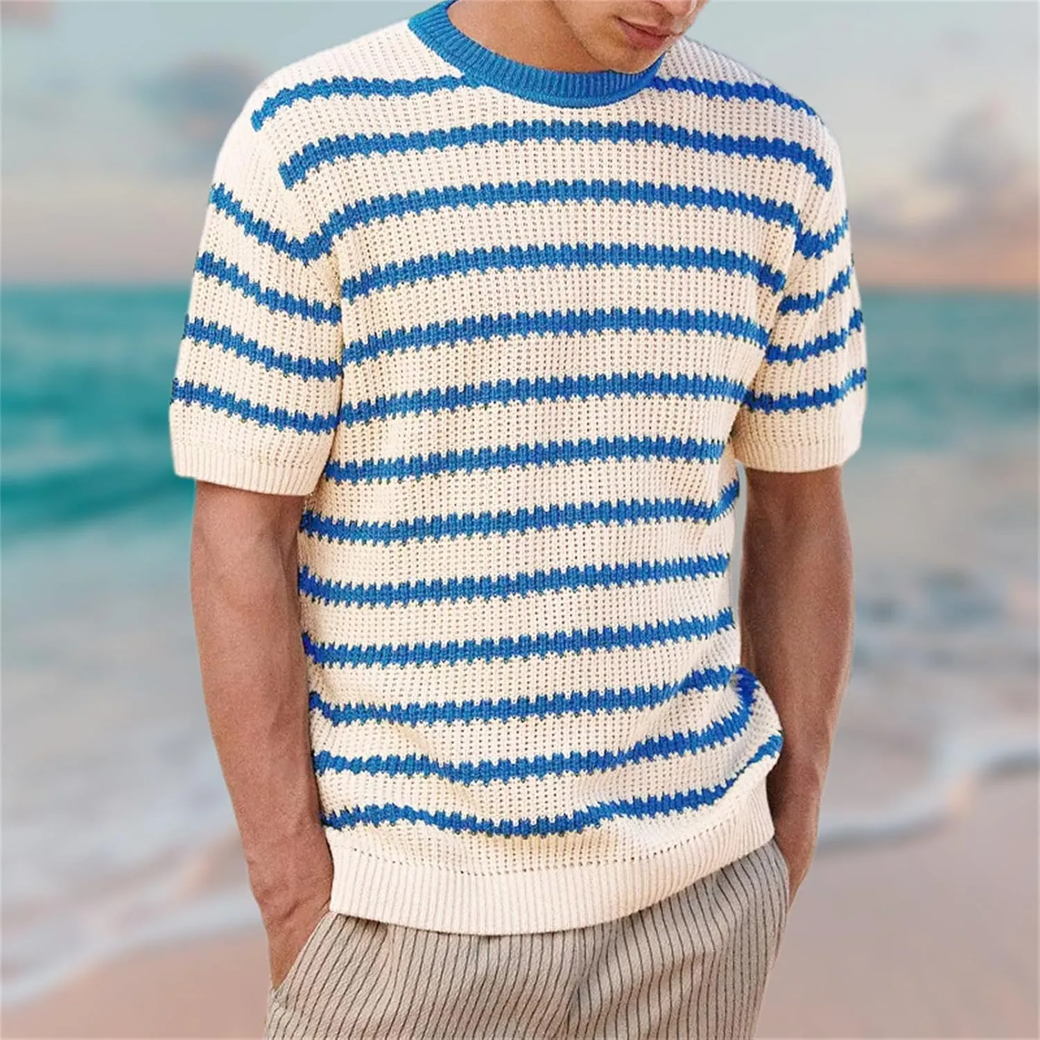 Men's Casual Classic Short Sleeve Knit Tees, Heavy Weight Crew Neck T-Shirt, Thick Cotton Blend Striped Solid Tee