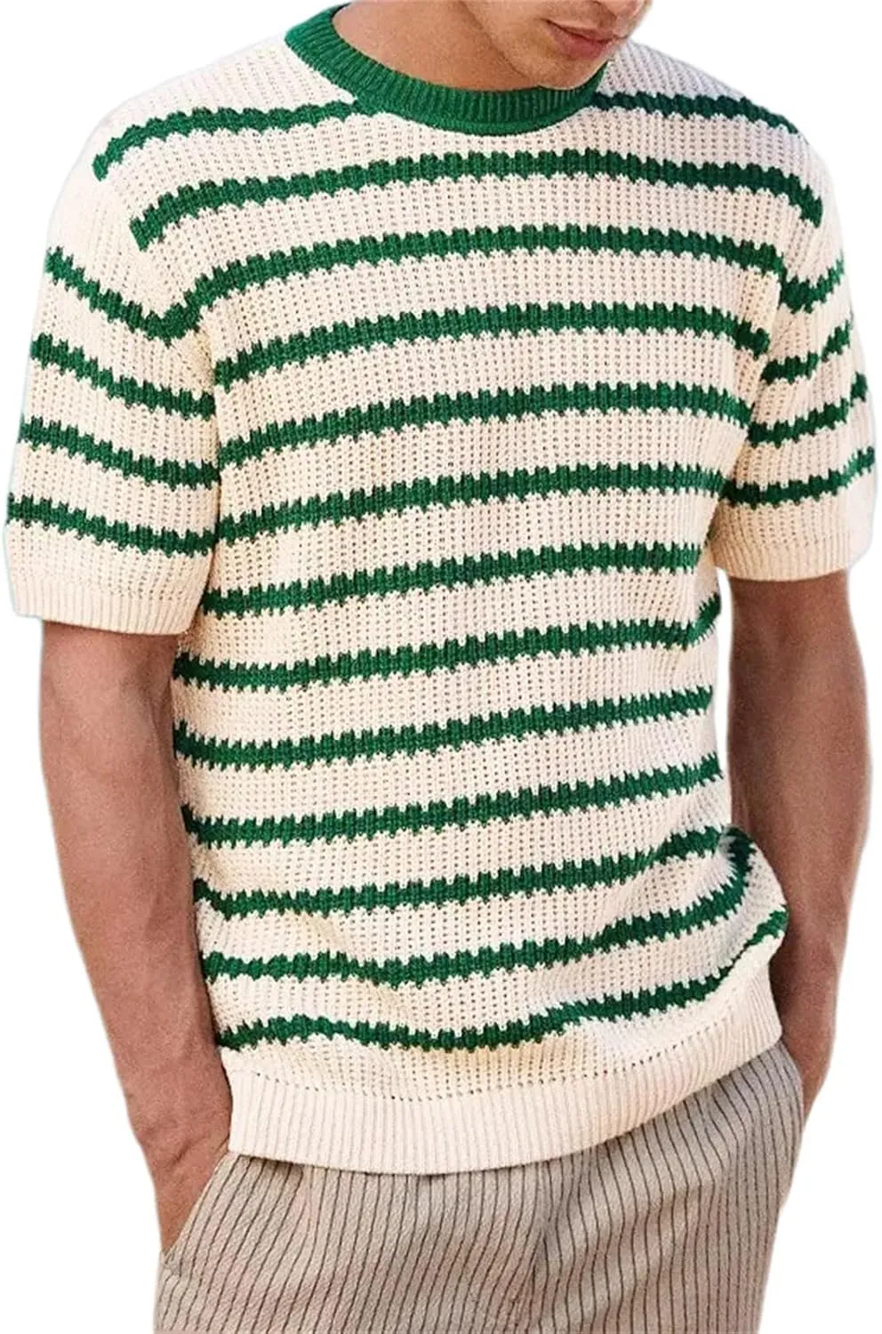 Men's Casual Classic Short Sleeve Knit Tees, Heavy Weight Crew Neck T-Shirt, Thick Cotton Blend Striped Solid Tee