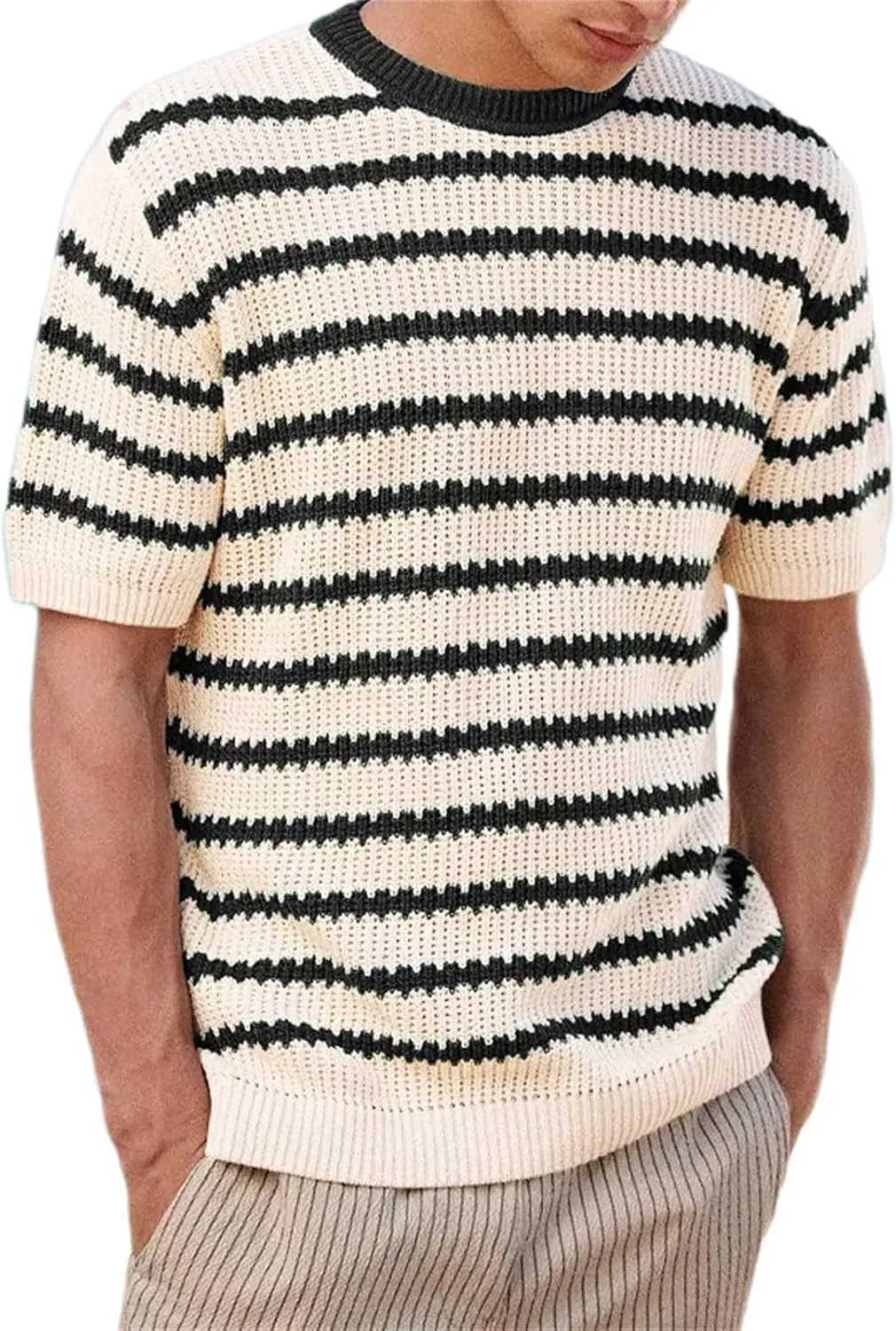 Men's Casual Classic Short Sleeve Knit Tees, Heavy Weight Crew Neck T-Shirt, Thick Cotton Blend Striped Solid Tee