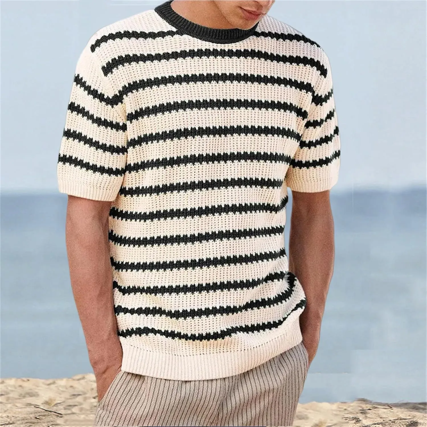 Men's Casual Classic Short Sleeve Knit Tees, Heavy Weight Crew Neck T-Shirt, Thick Cotton Blend Striped Solid Tee