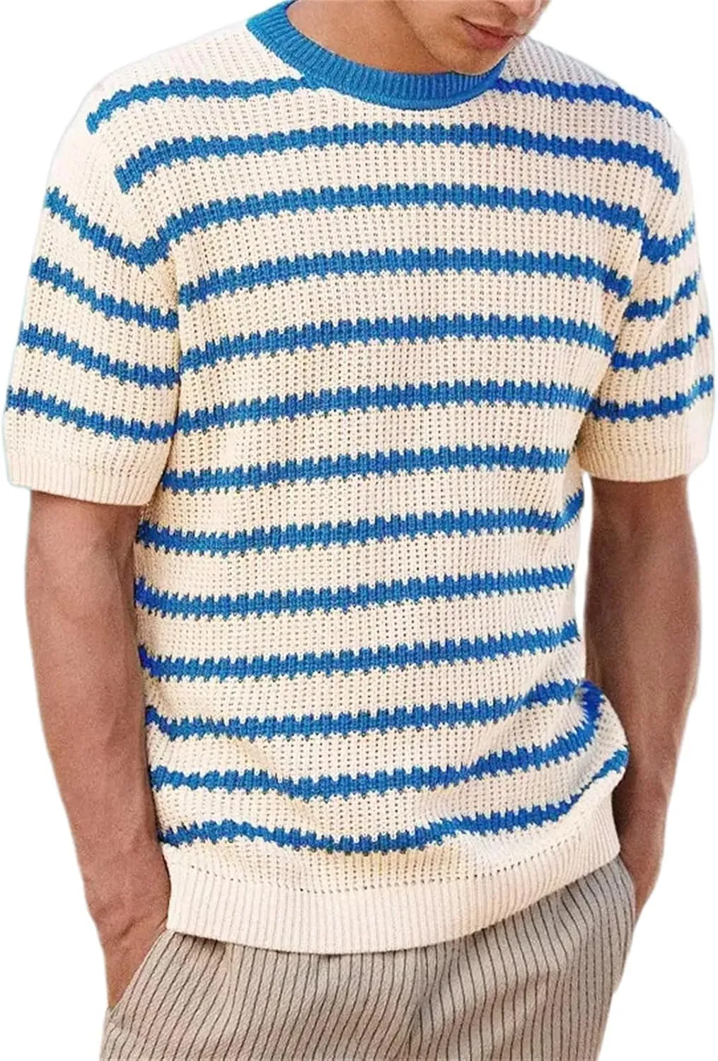 Men's Casual Classic Short Sleeve Knit Tees, Heavy Weight Crew Neck T-Shirt, Thick Cotton Blend Striped Solid Tee