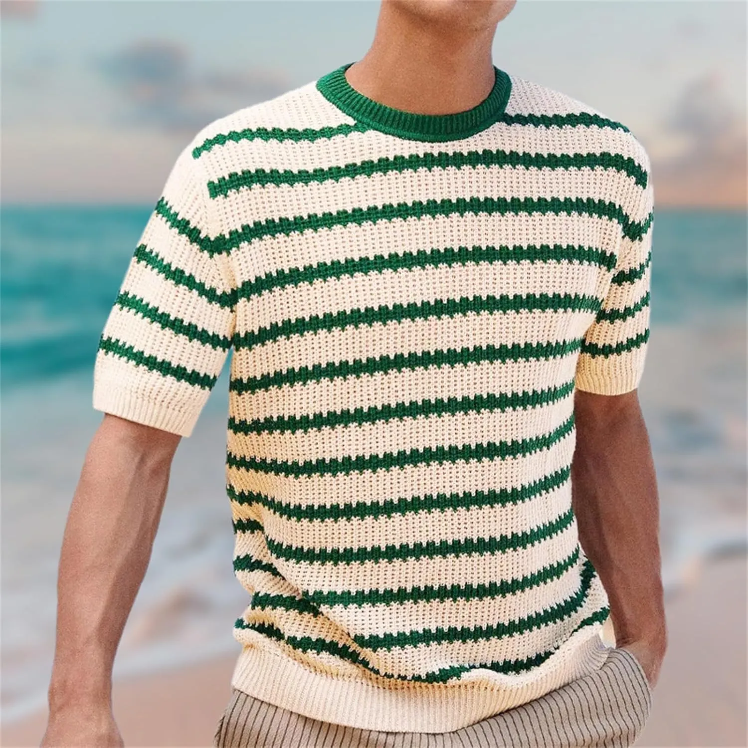 Men's Casual Classic Short Sleeve Knit Tees, Heavy Weight Crew Neck T-Shirt, Thick Cotton Blend Striped Solid Tee