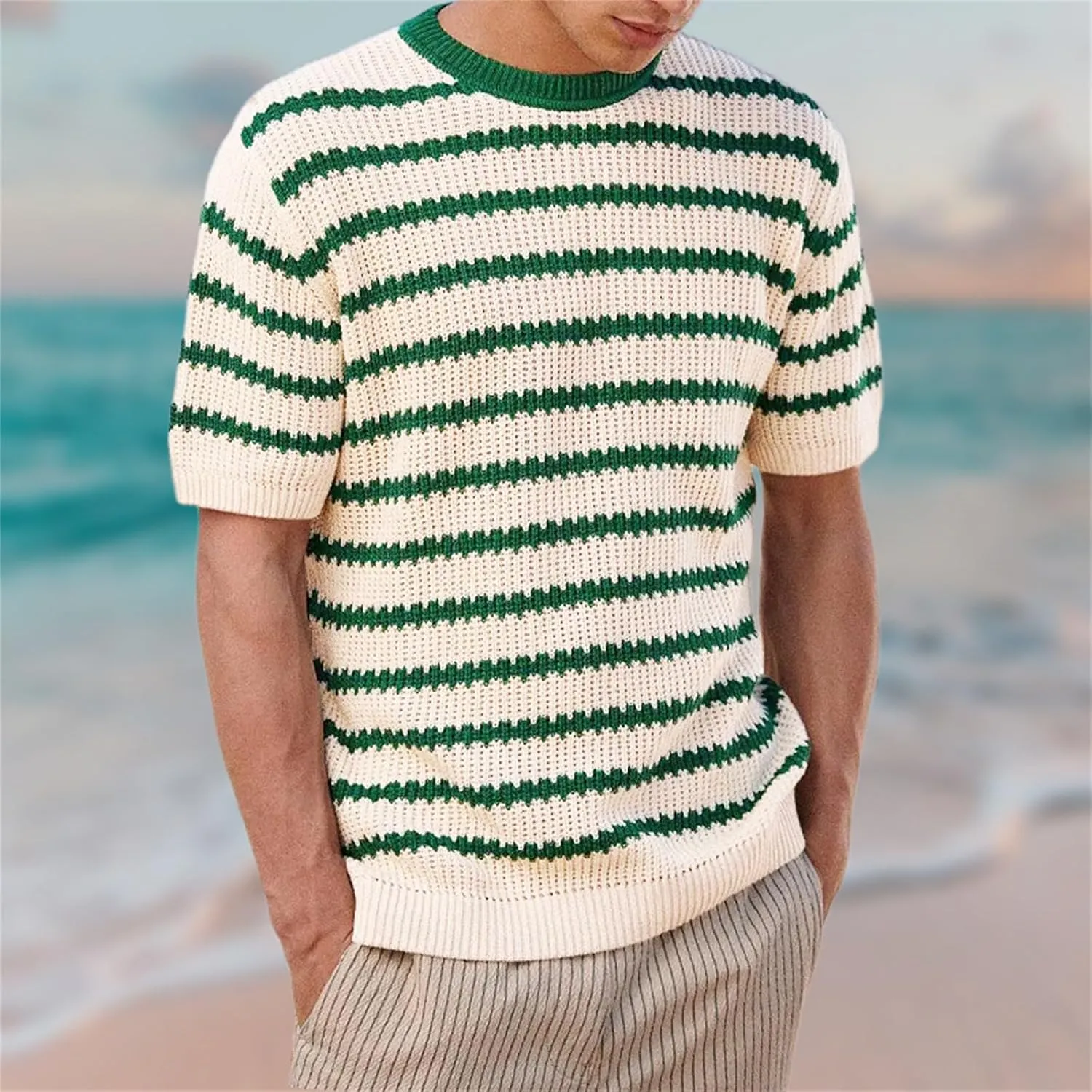 Men's Casual Classic Short Sleeve Knit Tees, Heavy Weight Crew Neck T-Shirt, Thick Cotton Blend Striped Solid Tee