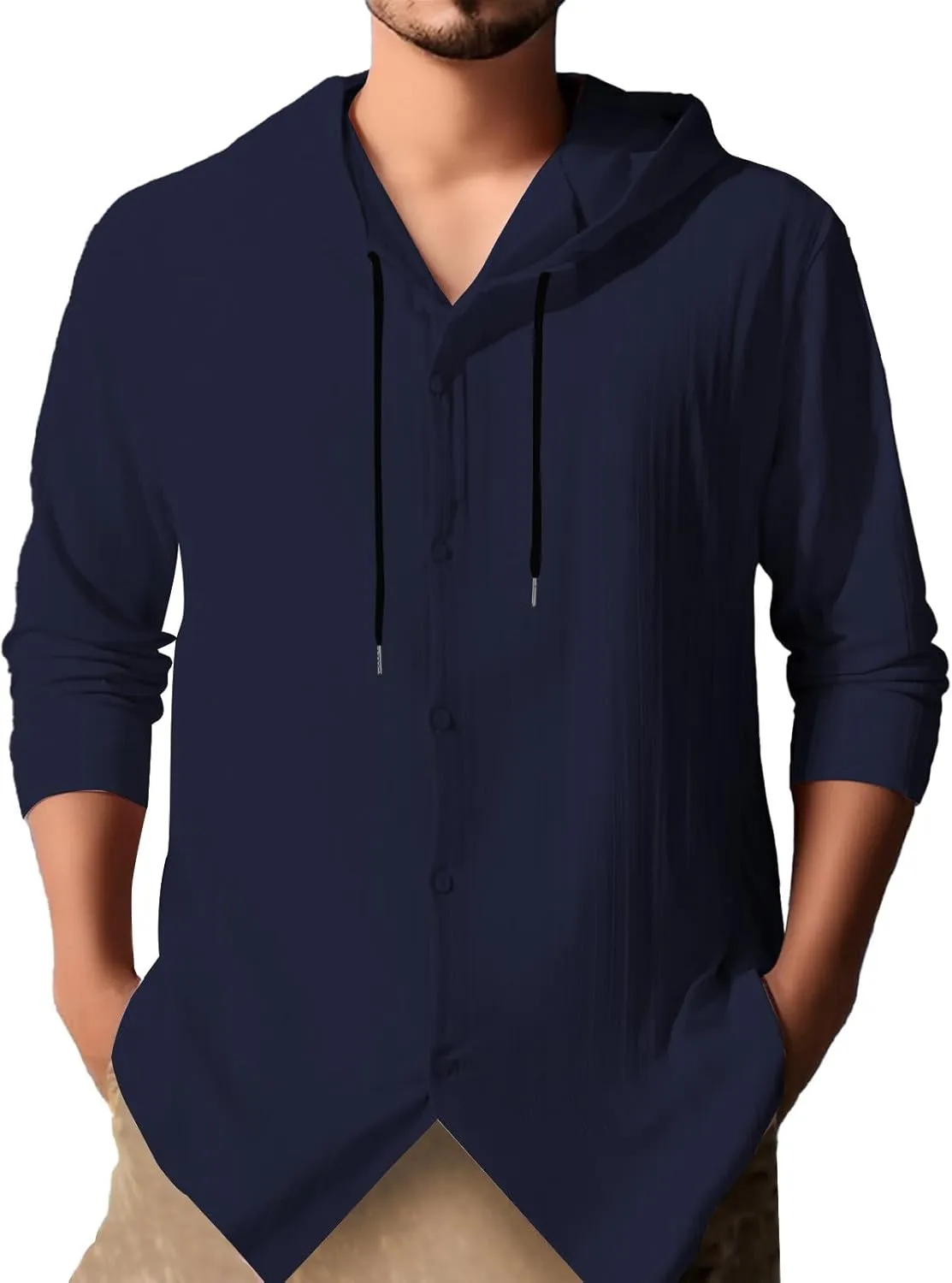 Mens Cotton Linen Hoodie Loose Long Sleeve Beach Top Lightweight Breathable Hooded Button Down Shirt Summer Casual Tee