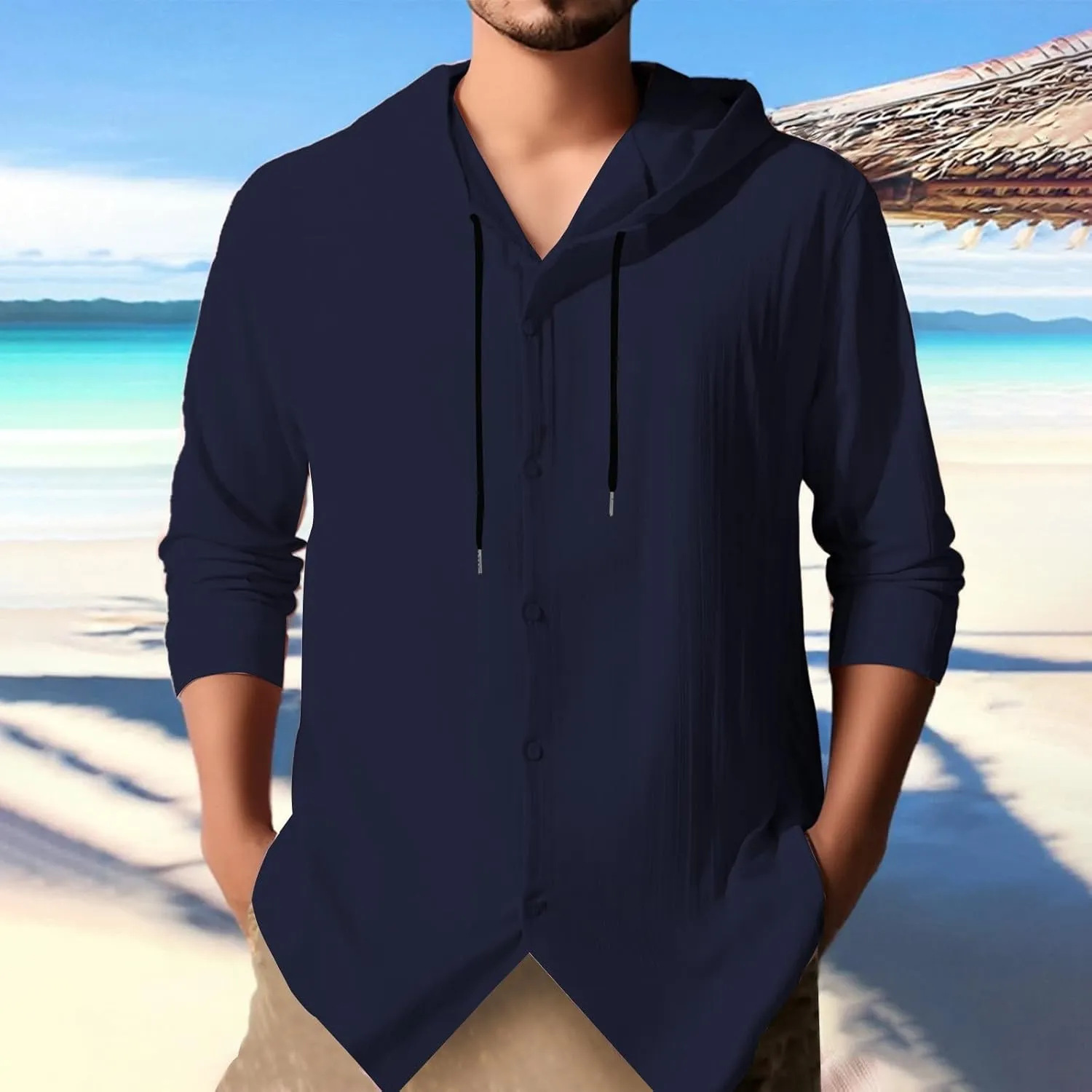 Mens Cotton Linen Hoodie Loose Long Sleeve Beach Top Lightweight Breathable Hooded Button Down Shirt Summer Casual Tee