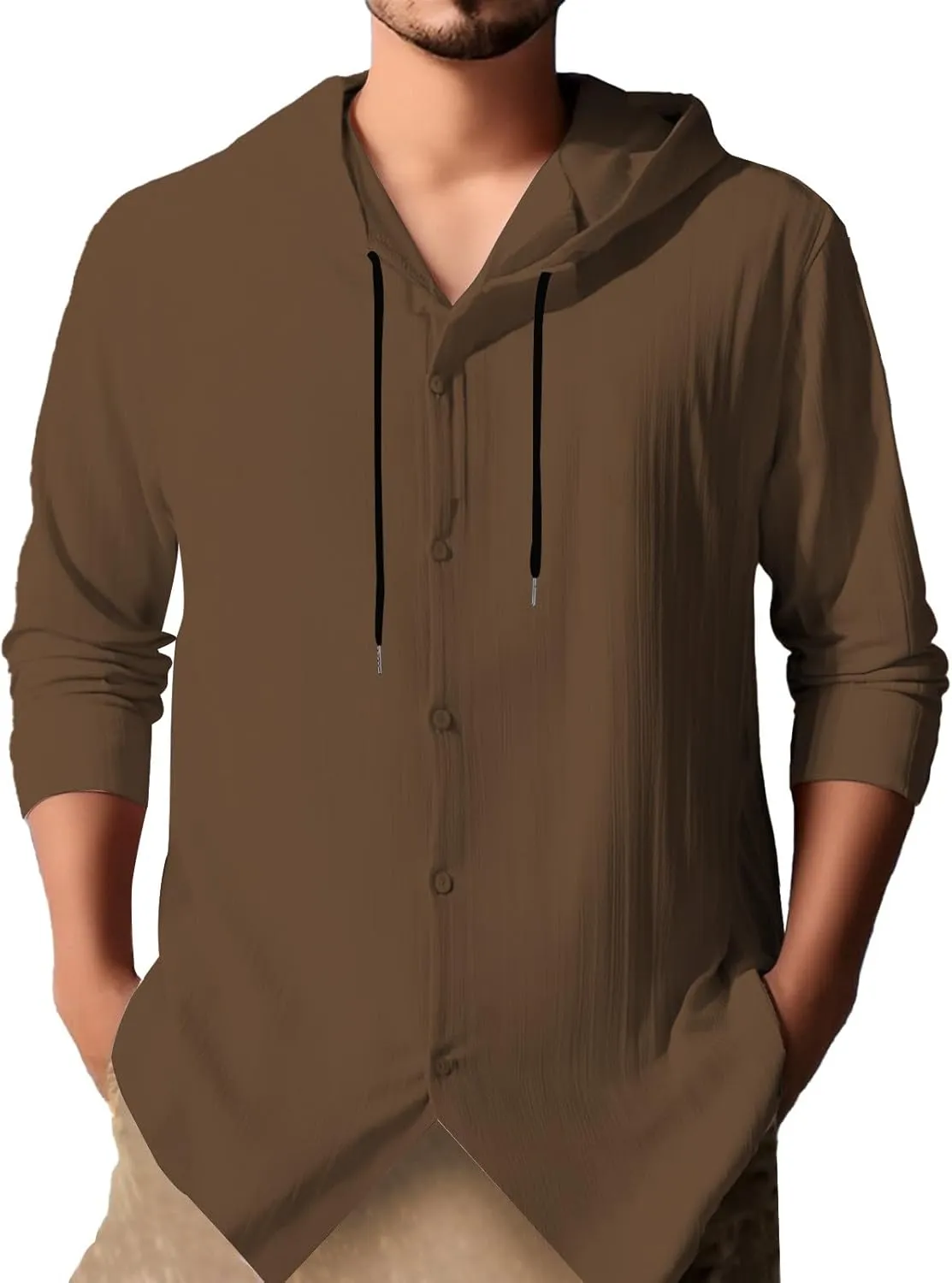 Mens Cotton Linen Hoodie Loose Long Sleeve Beach Top Lightweight Breathable Hooded Button Down Shirt Summer Casual Tee