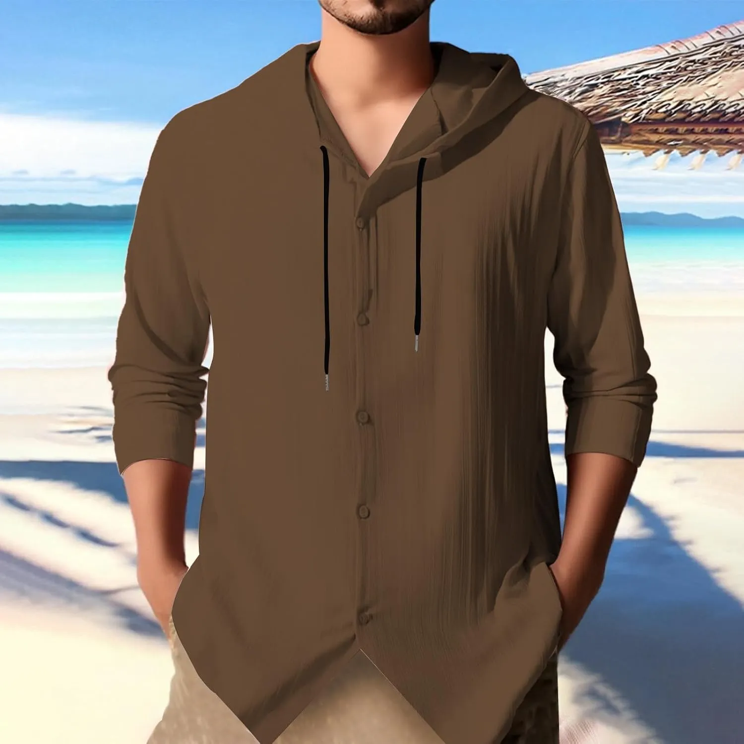 Mens Cotton Linen Hoodie Loose Long Sleeve Beach Top Lightweight Breathable Hooded Button Down Shirt Summer Casual Tee