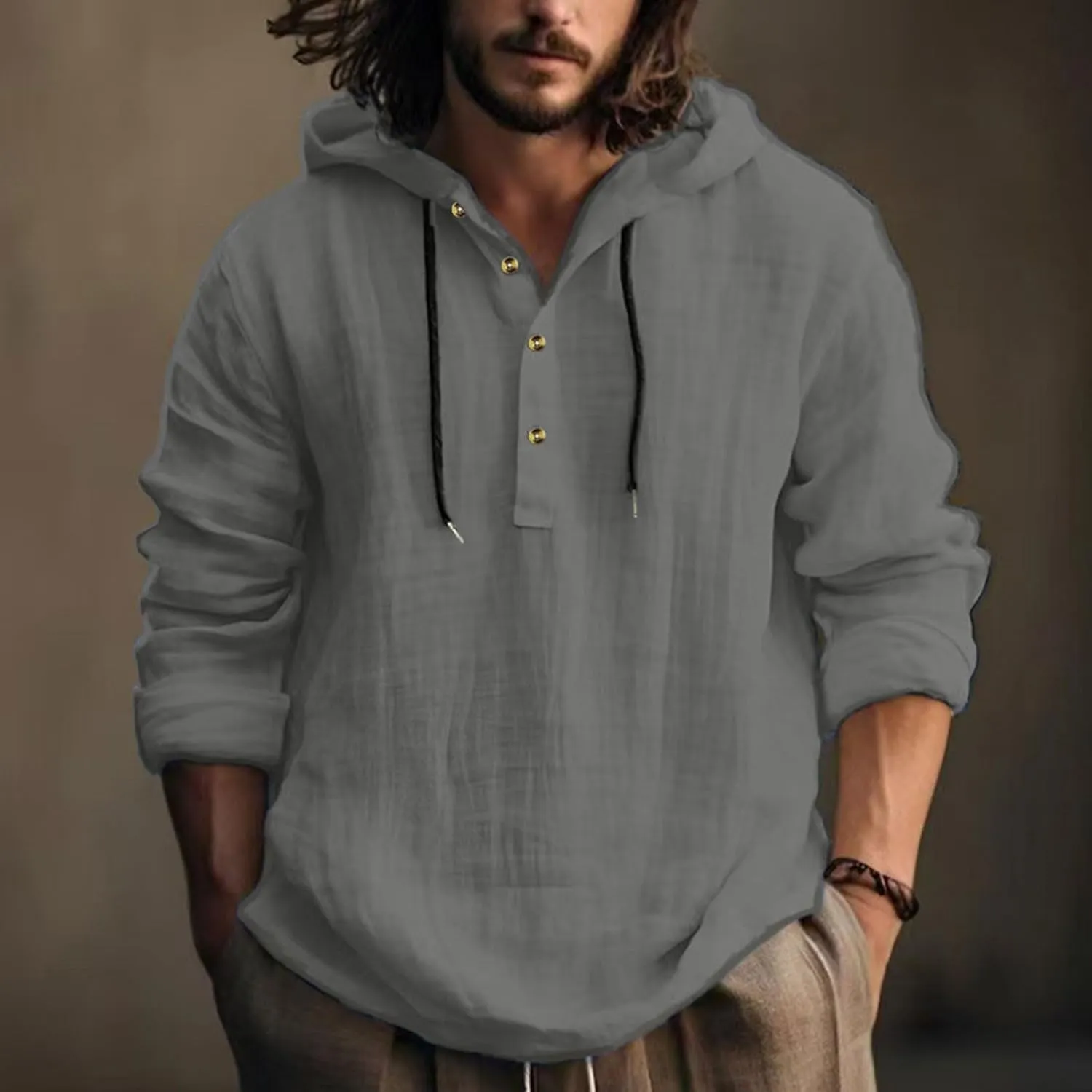 Mens Cotton Linen Hoodies Long Sleeve Casual Summer Beach Hippie Shirts with Hood V Neck Button Up Fishing T-Shirts