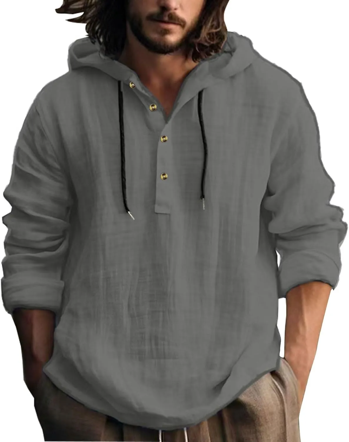 Mens Cotton Linen Hoodies Long Sleeve Casual Summer Beach Hippie Shirts with Hood V Neck Button Up Fishing T-Shirts