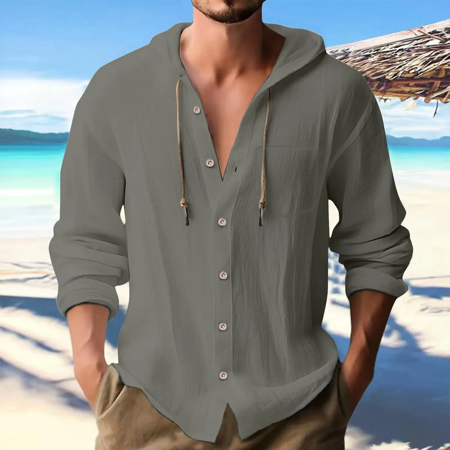 Men's Cotton Linen Hoodies Plus Size Loose Solid Color Hooded Sweatshirts Summer Casual Button Down Beach Swim Shirts