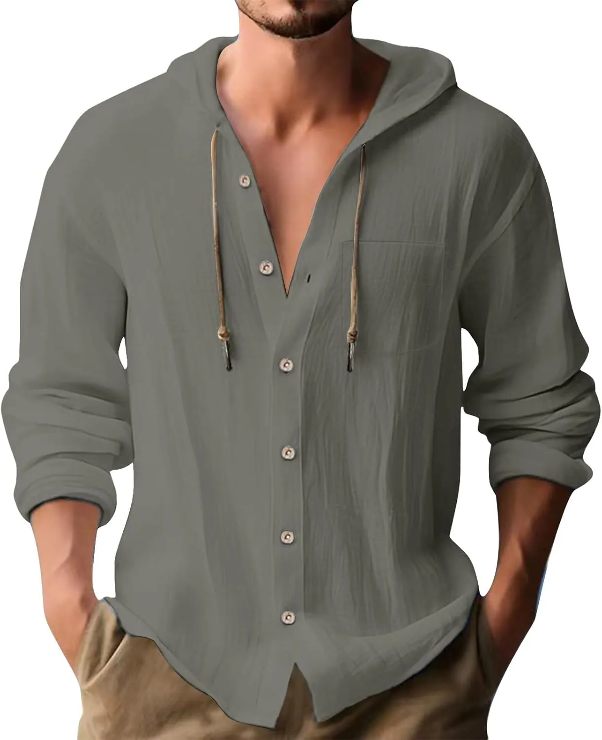 Men's Cotton Linen Hoodies Plus Size Loose Solid Color Hooded Sweatshirts Summer Casual Button Down Beach Swim Shirts