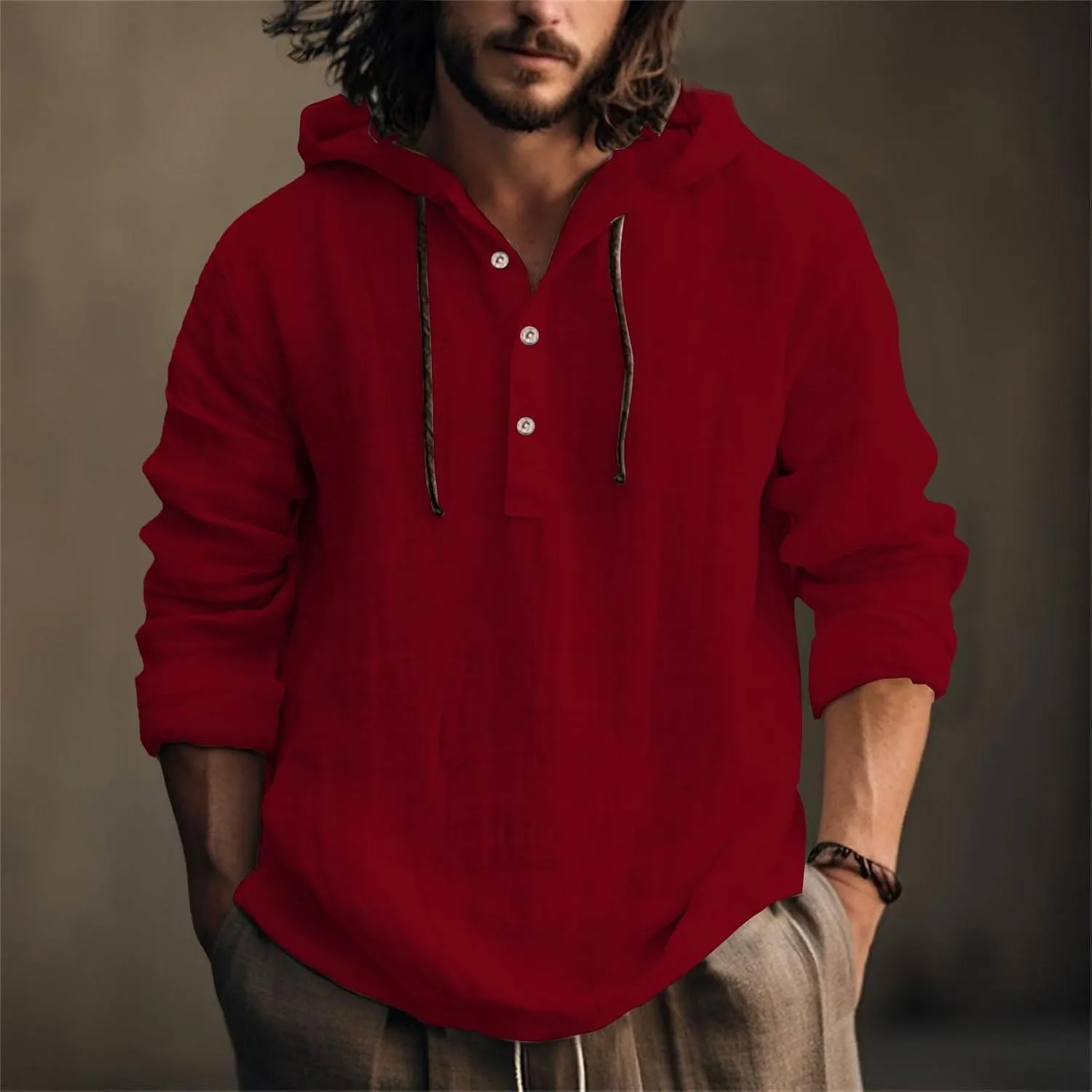 Men's Cotton Linen Shirts Lightweight Button Down Long Sleeve Hippie Shirt with Hood Summer Casual Beach Wedding Tops