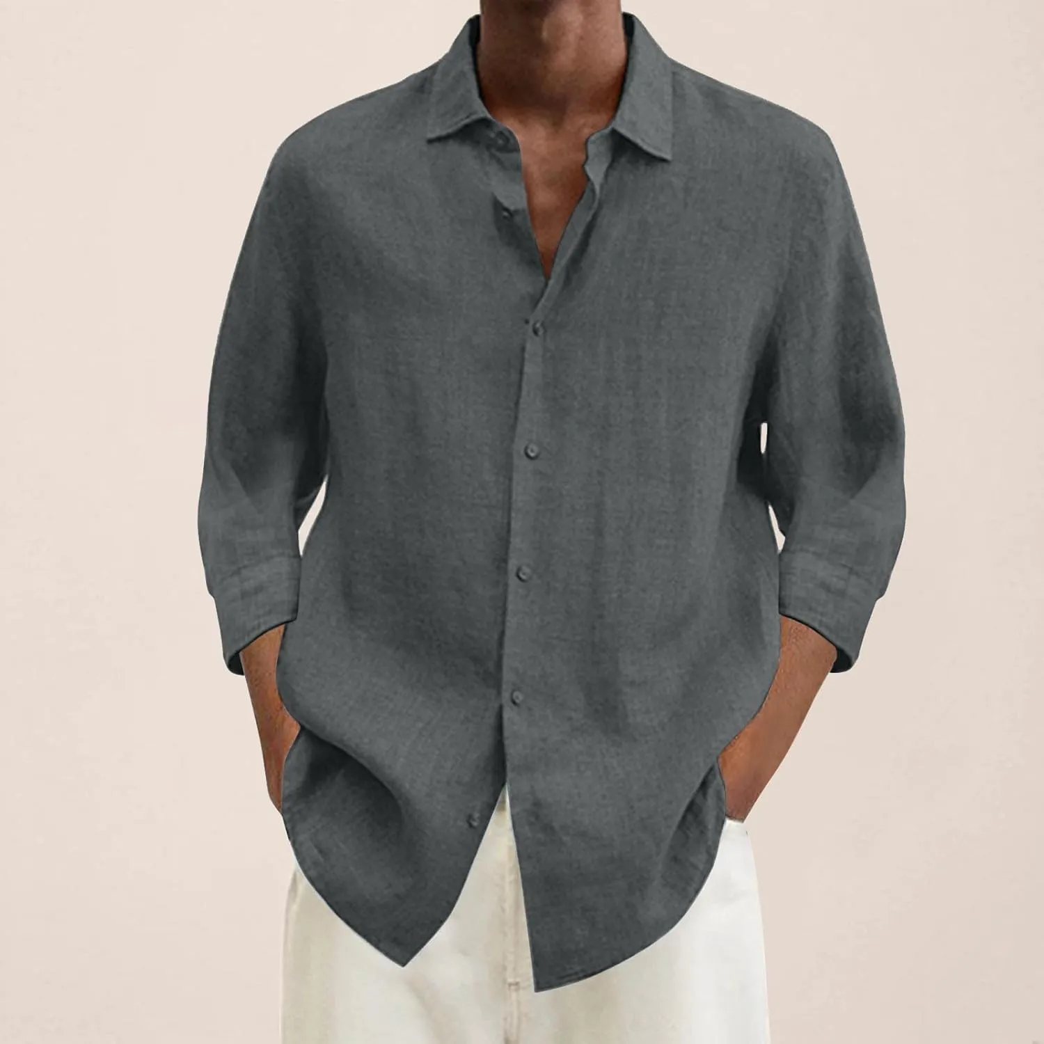 Men's Cotton Linen Shirts Plus Size Loose Button Down Long Sleeve Beach Wedding Shirt Casual Summer Solid Tropical Top