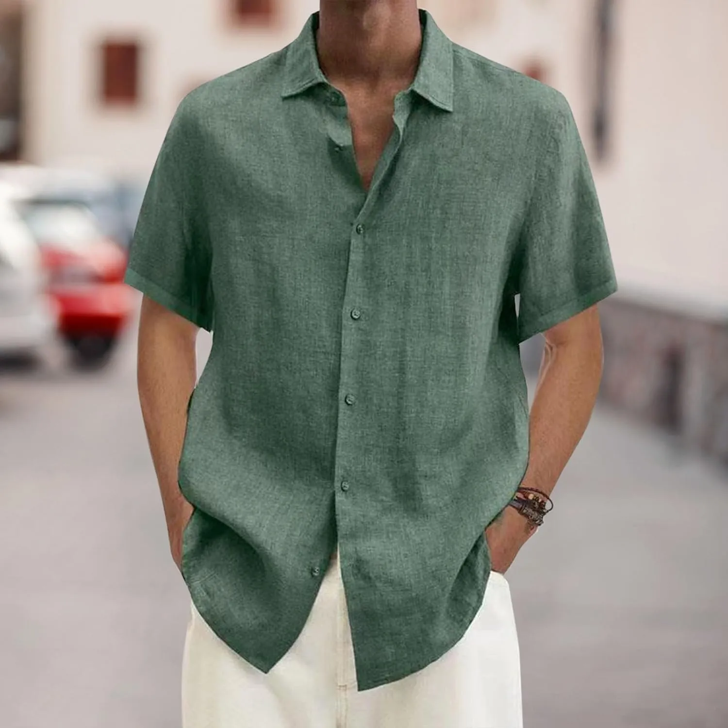 Men's Cotton Linen Shirts Summer Short Sleeve Button Down Shirt Plus Size Fashion Loose Tropical Beach Vacation Tops
