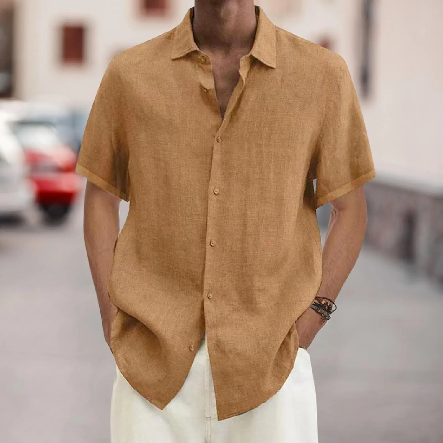 Men's Cotton Linen Shirts Summer Short Sleeve Button Down Shirt Plus Size Fashion Loose Tropical Beach Vacation Tops