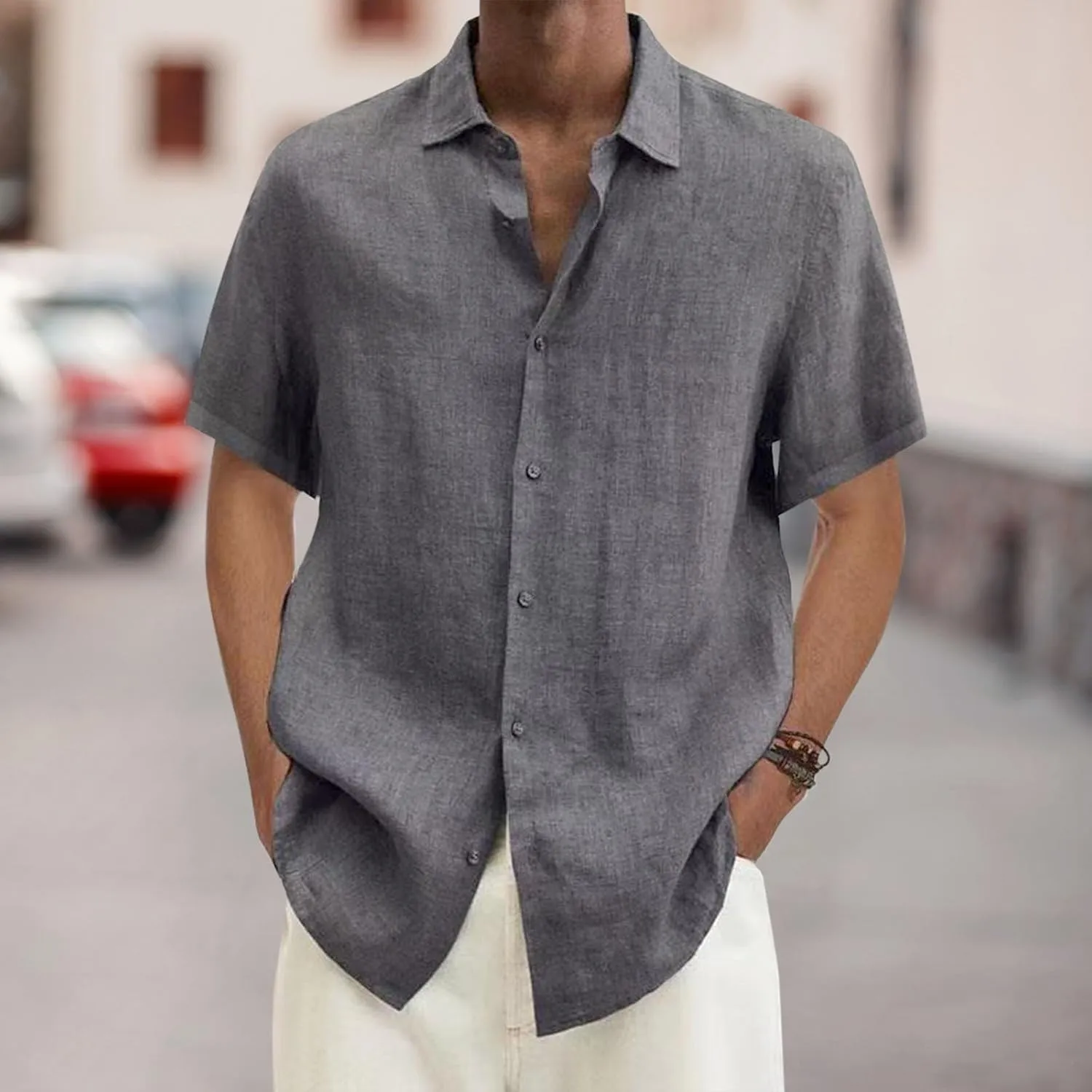 Men's Cotton Linen Shirts Summer Short Sleeve Button Down Shirt Plus Size Fashion Loose Tropical Beach Vacation Tops