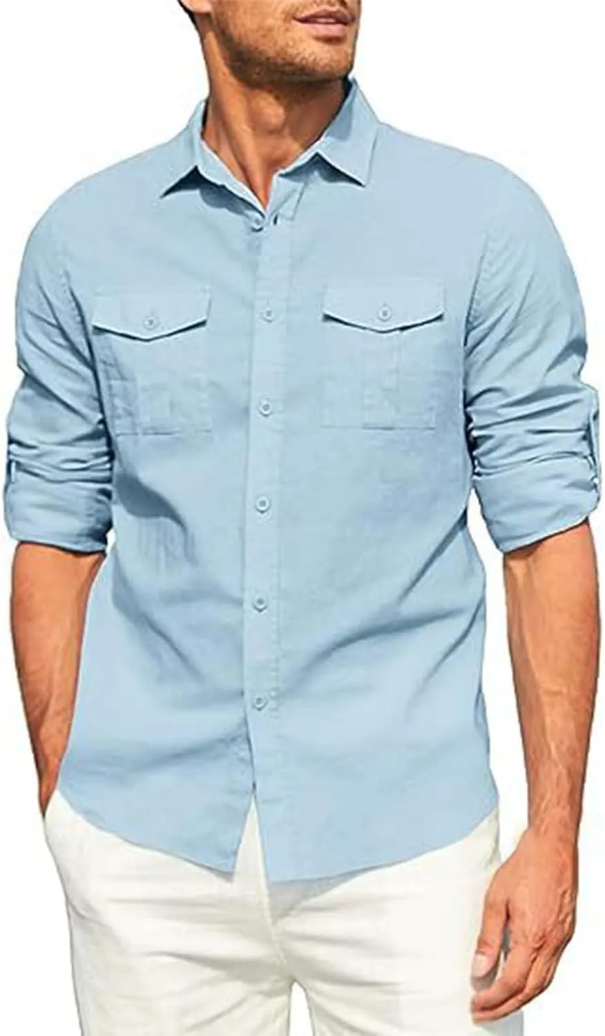 Men's Cotton Linen Shirts Wrinkled Casual Long Sleeve Button Down Shirt Lightweight Breathable Summer Beach Blouses