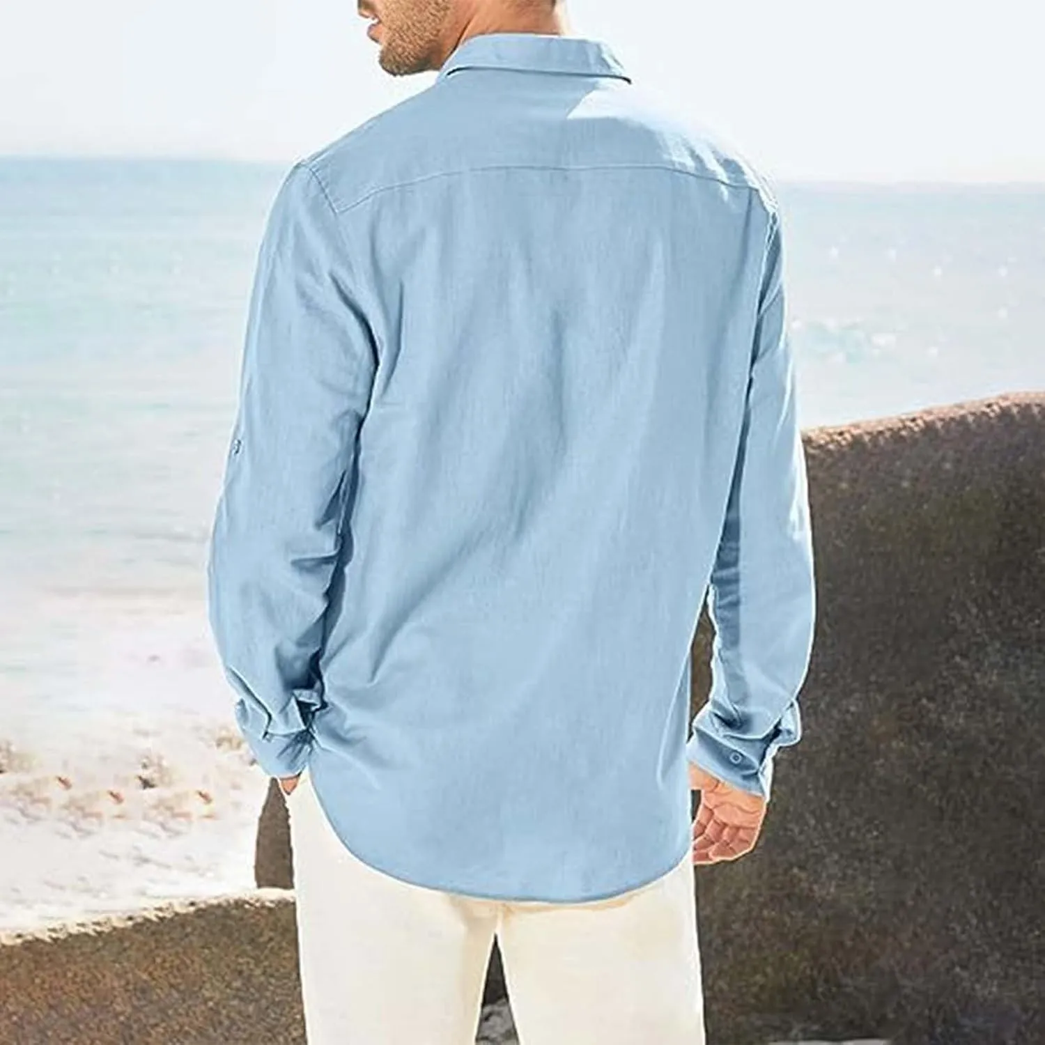 Men's Cotton Linen Shirts Wrinkled Casual Long Sleeve Button Down Shirt Lightweight Breathable Summer Beach Blouses