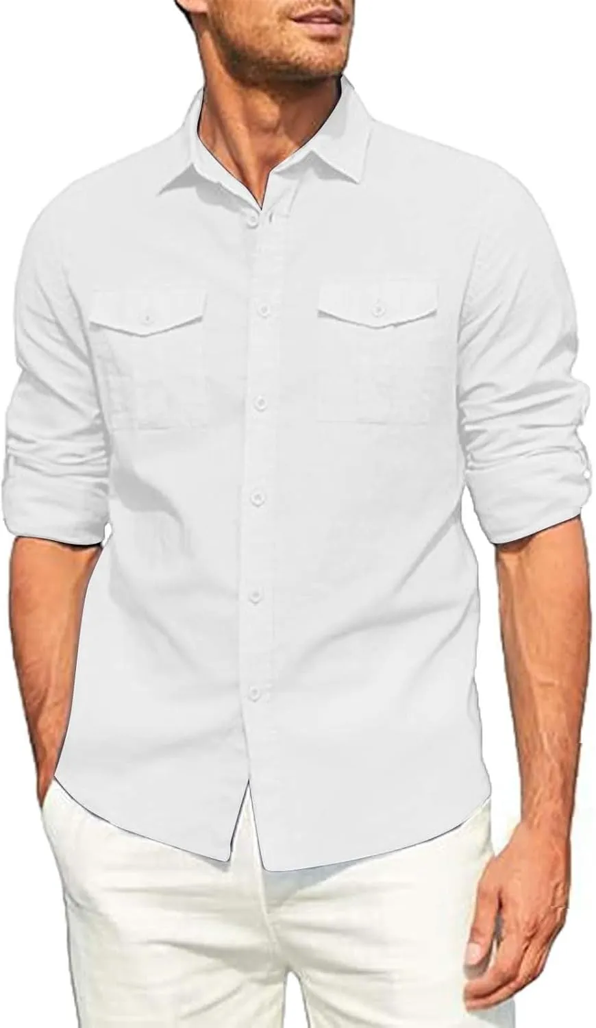 Men's Cotton Linen Shirts Wrinkled Casual Long Sleeve Button Down Shirt Lightweight Breathable Summer Beach Blouses