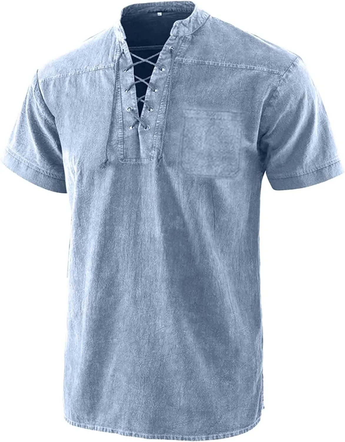 Men's Cotton Linen T-Shirts Short Sleeve V Neck Lace Up Henley Shirts Retro Notch Neck Pullover Shirt Sport Undershirt